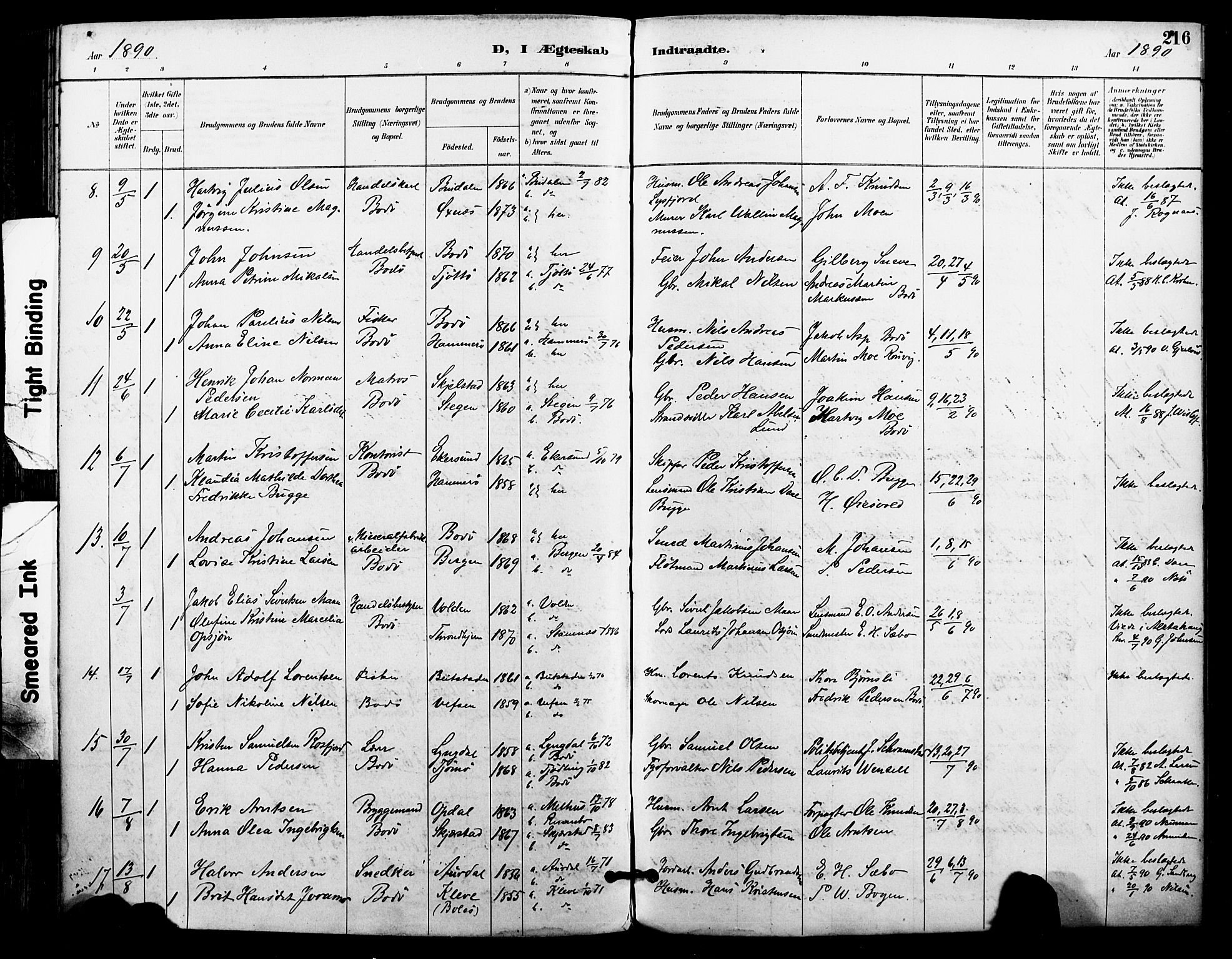 Ministerialprotokoller, klokkerbøker og fødselsregistre - Nordland, AV/SAT-A-1459/801/L0010: Parish register (official) no. 801A10, 1888-1899, p. 216