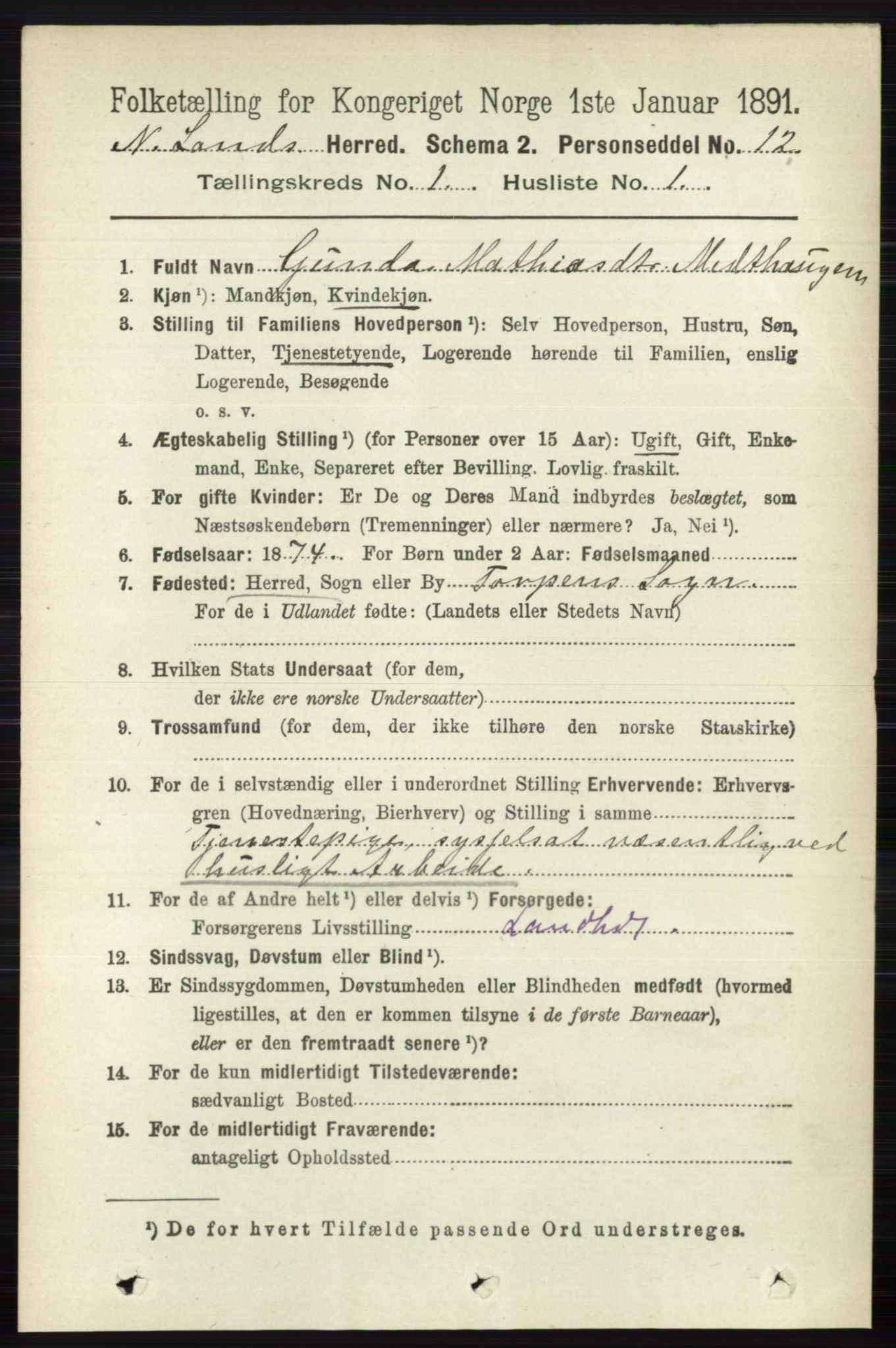 RA, 1891 census for 0538 Nordre Land, 1891, p. 131