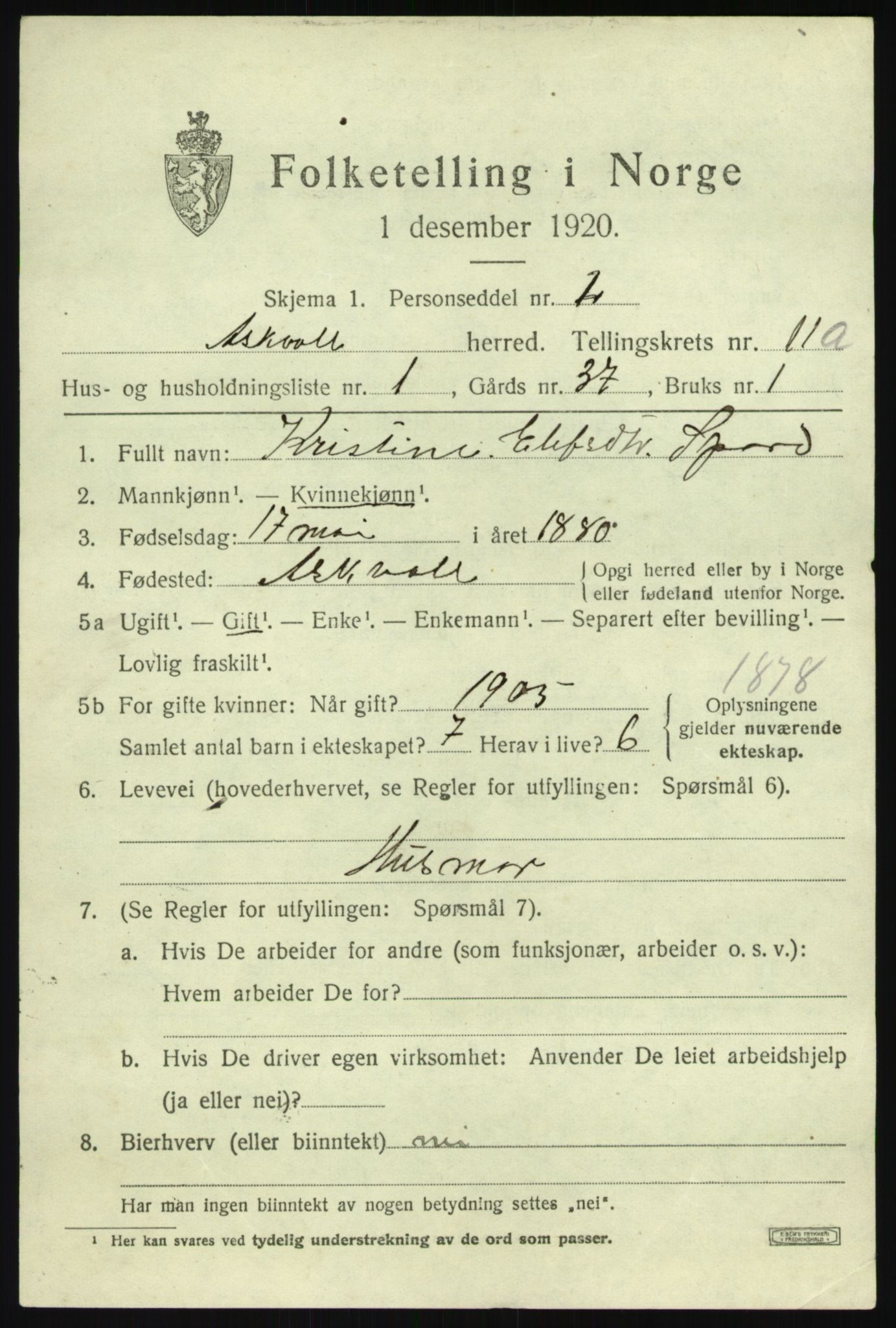 SAB, 1920 census for Askvoll, 1920, p. 4398