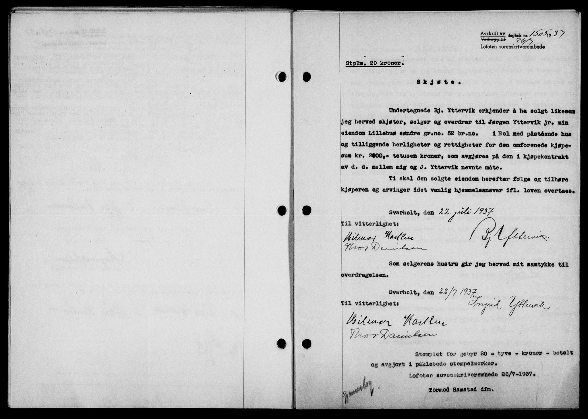 Lofoten sorenskriveri, SAT/A-0017/1/2/2C/L0002a: Mortgage book no. 2a, 1937-1937, Diary no: : 1505/1937