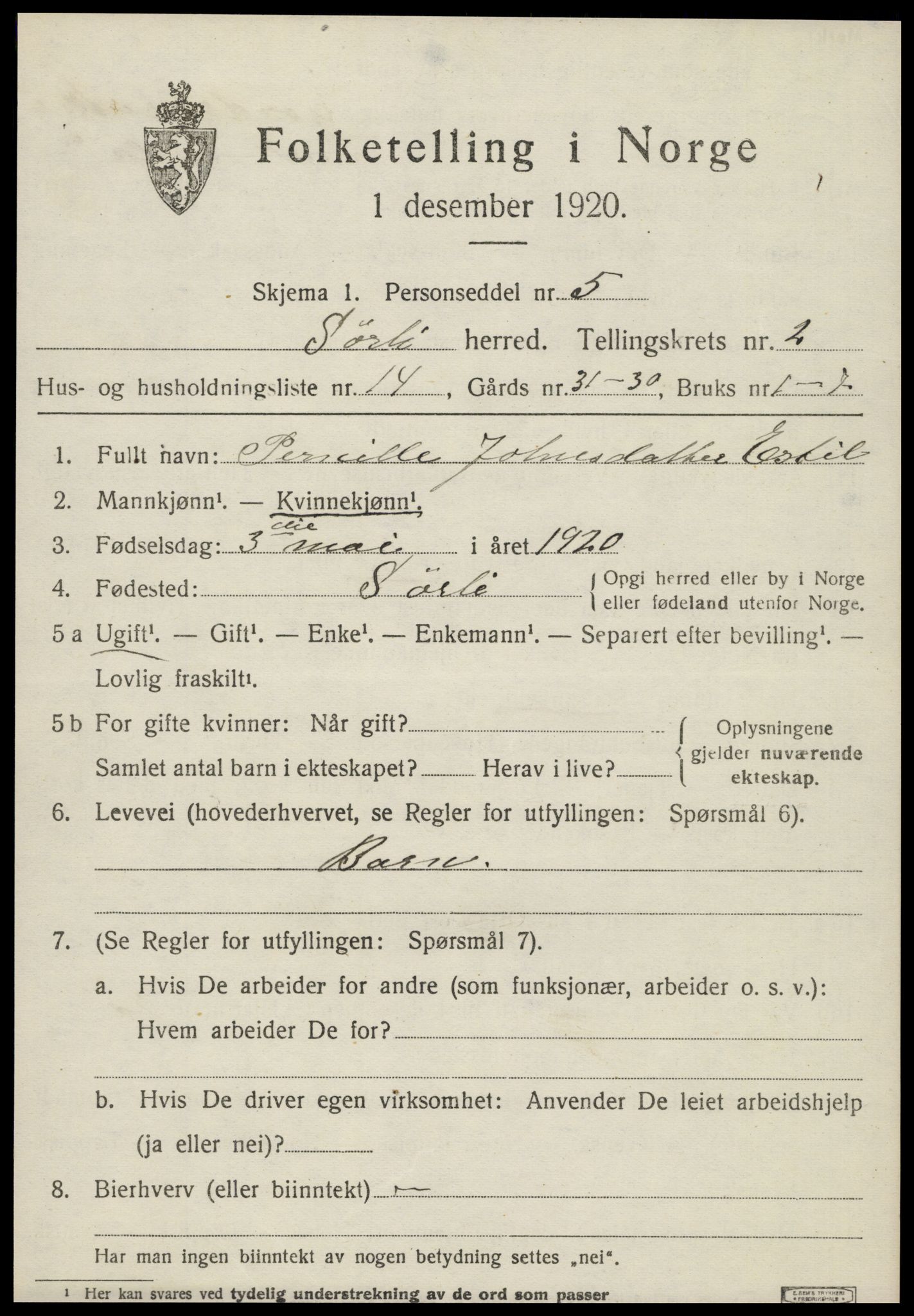 SAT, 1920 census for Sørli, 1920, p. 1015