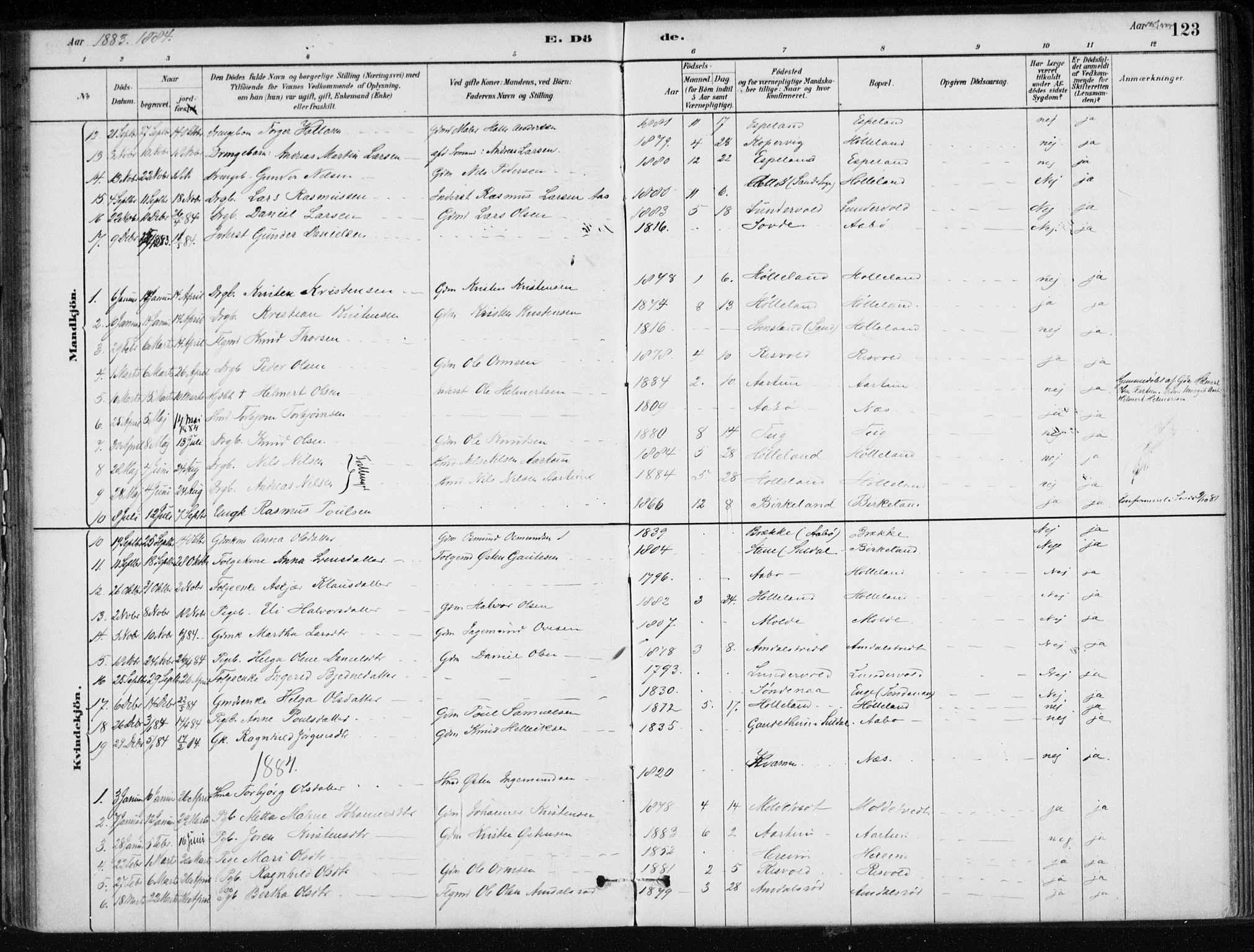 Sand sokneprestkontor, AV/SAST-A-101848/01/III/L0006: Parish register (official) no. A 6, 1880-1898, p. 123