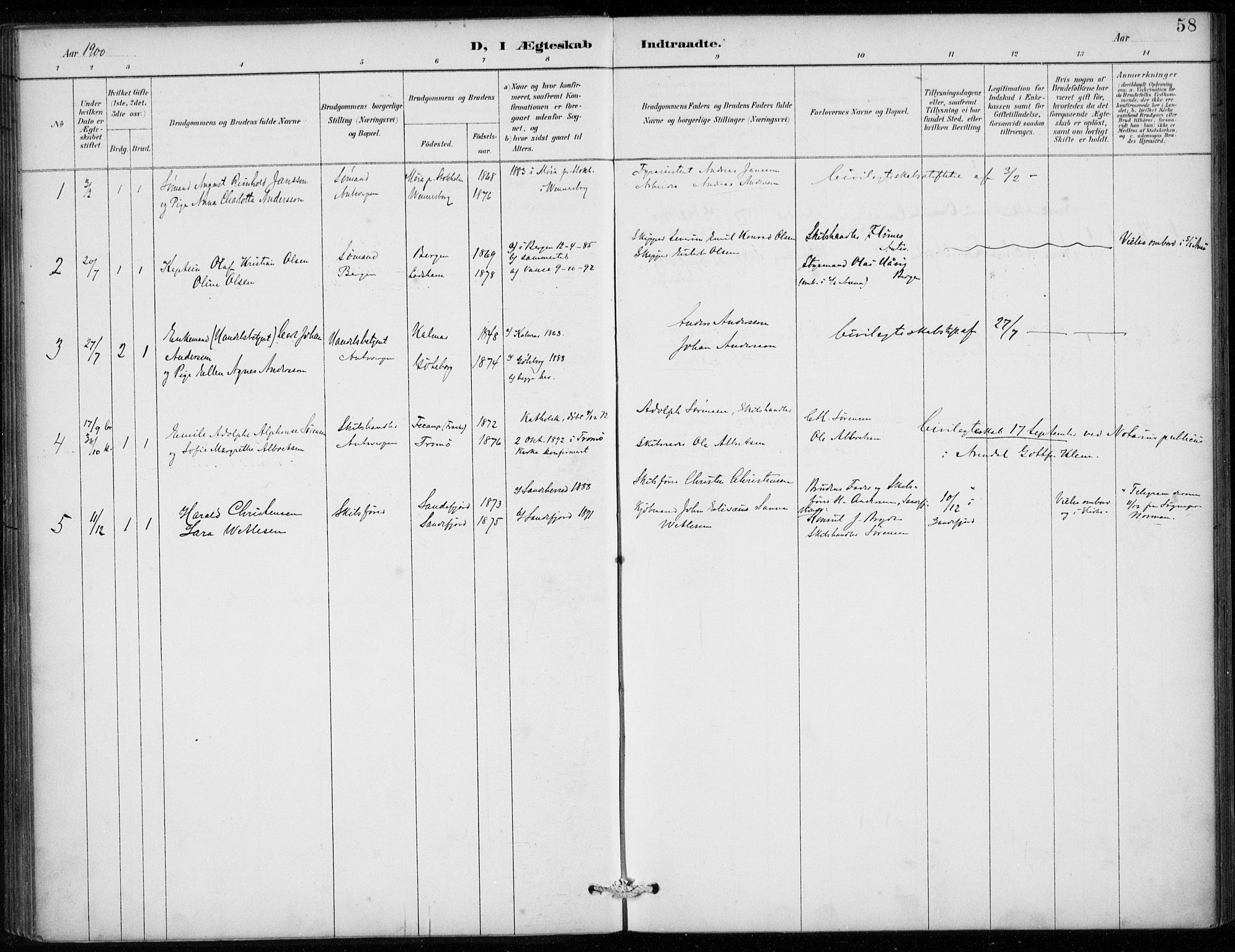 Den norske sjømannsmisjon i utlandet/Antwerpen, SAB/SAB/PA-0105/H/Ha/L0002: Parish register (official) no. A 2, 1887-1913, p. 58