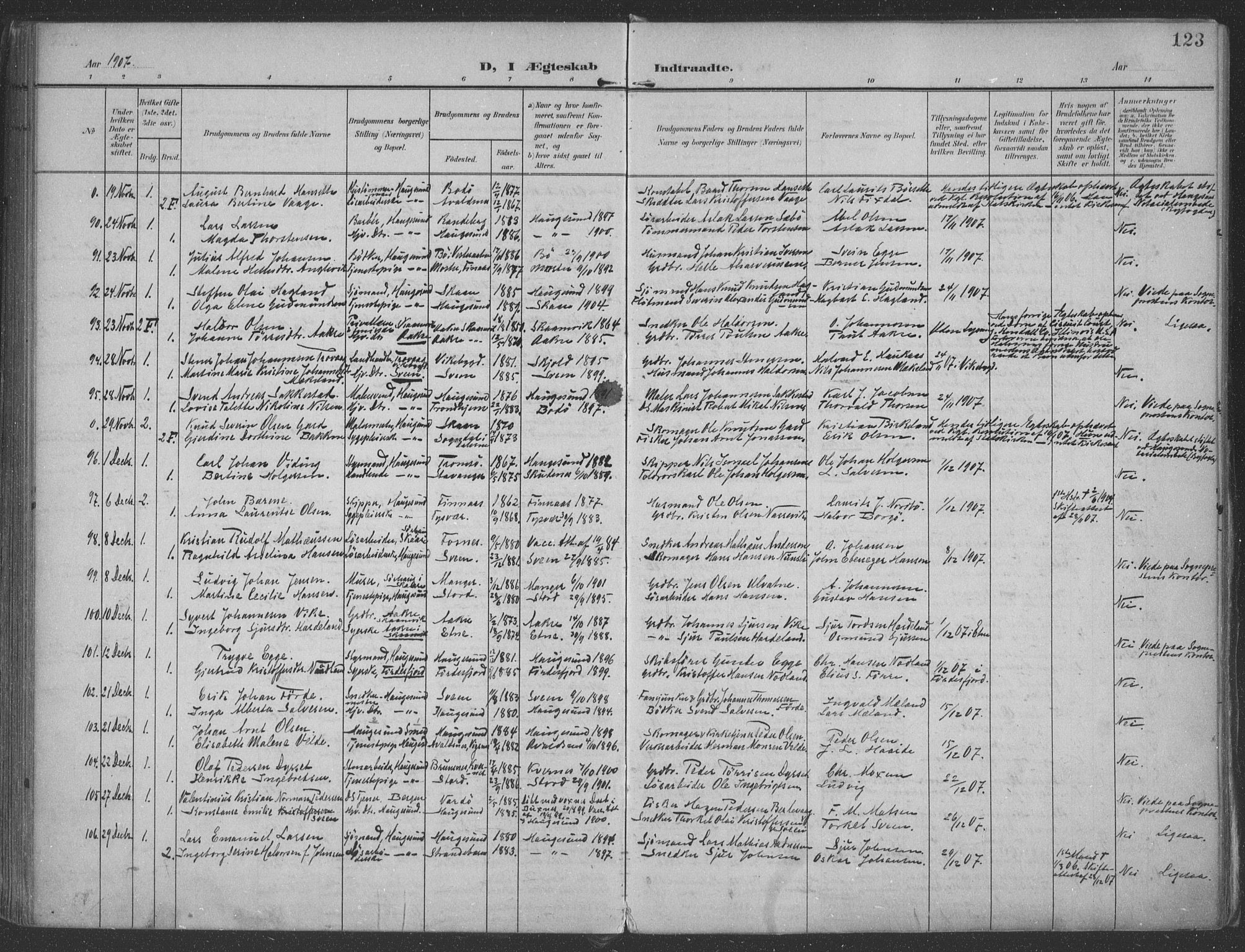 Haugesund sokneprestkontor, SAST/A -101863/H/Ha/Haa/L0007: Parish register (official) no. A 7, 1904-1916, p. 123