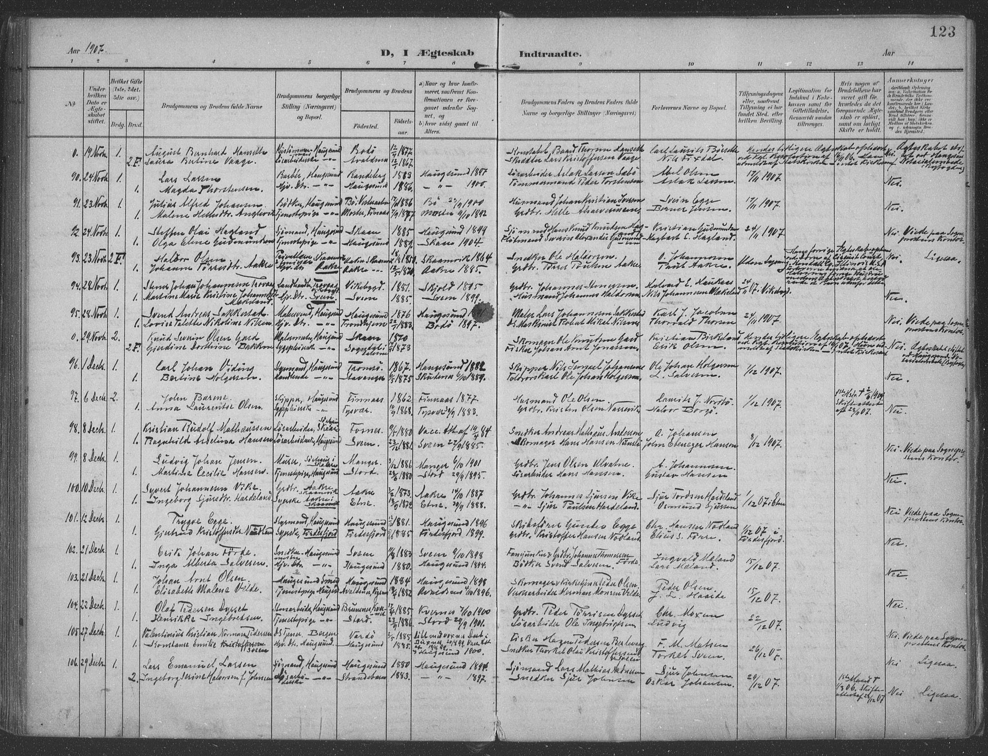 Haugesund sokneprestkontor, AV/SAST-A -101863/H/Ha/Haa/L0007: Parish register (official) no. A 7, 1904-1916, p. 123