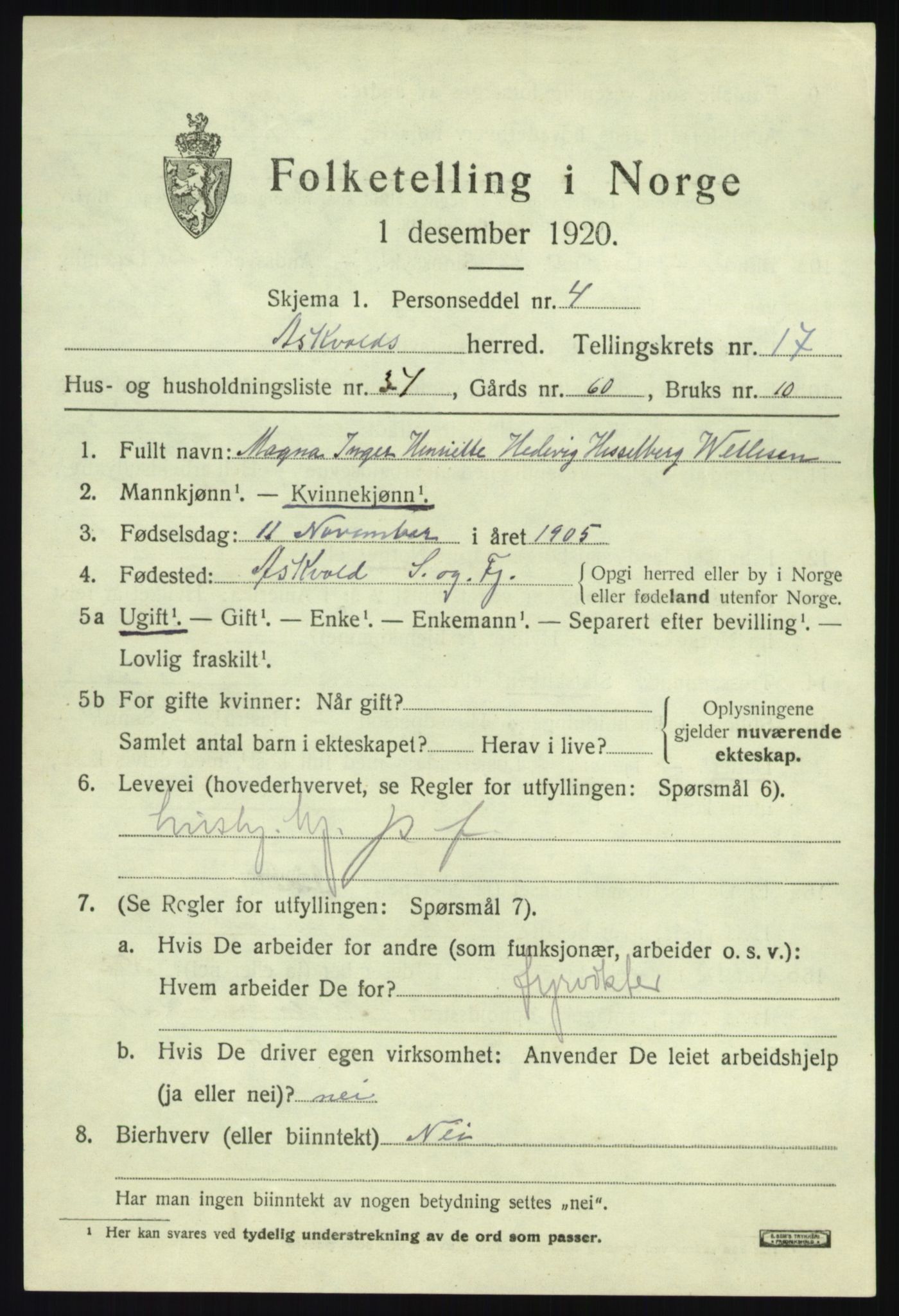 SAB, 1920 census for Askvoll, 1920, p. 6750