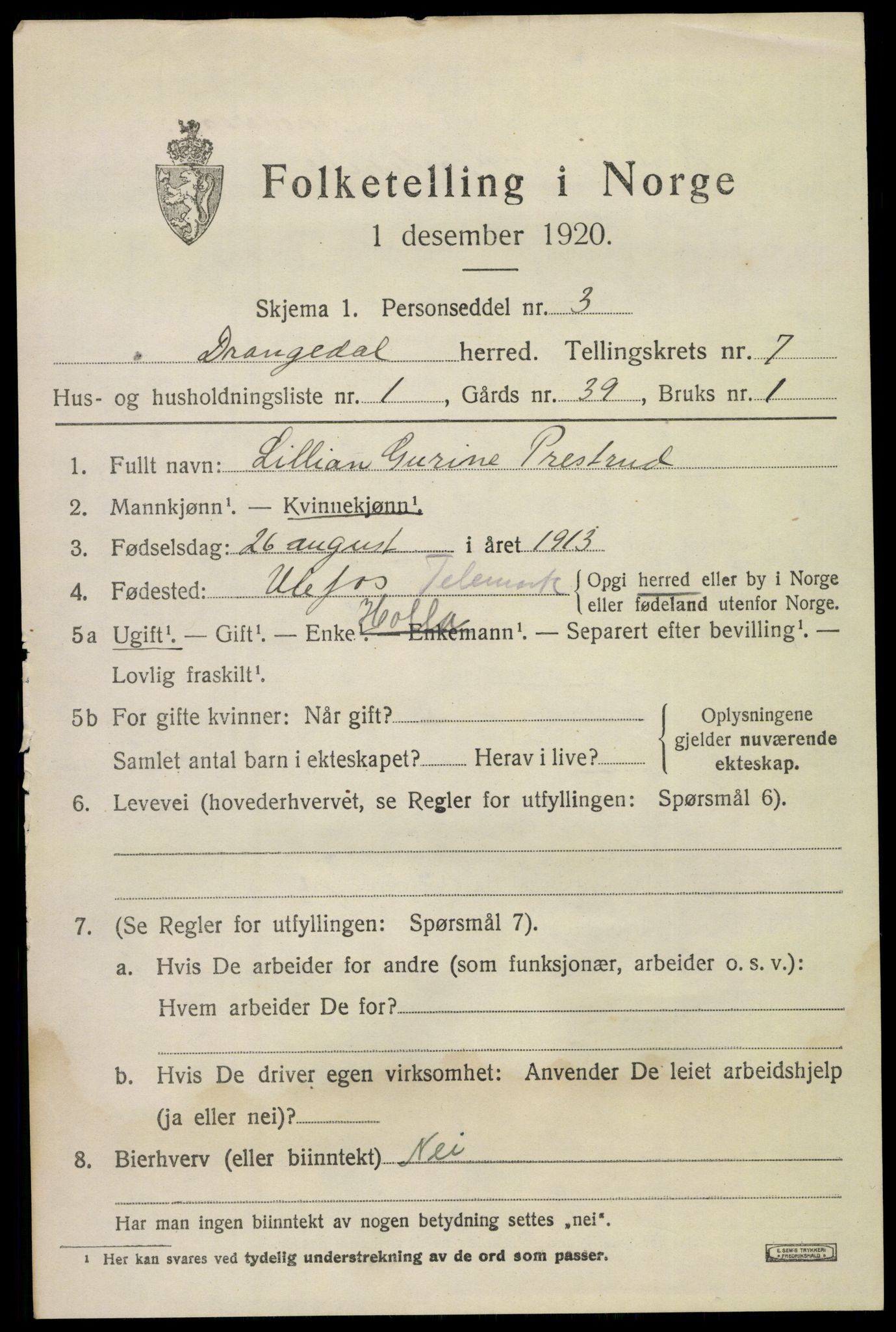 SAKO, 1920 census for Drangedal, 1920, p. 4475