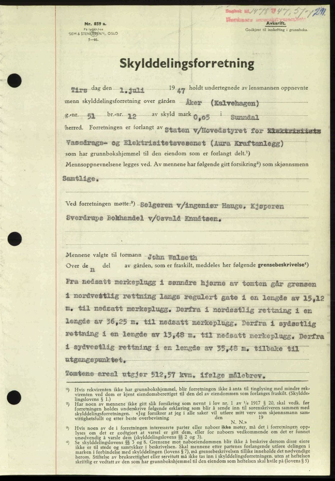 Nordmøre sorenskriveri, AV/SAT-A-4132/1/2/2Ca: Mortgage book no. A105, 1947-1947, Diary no: : 1478/1947