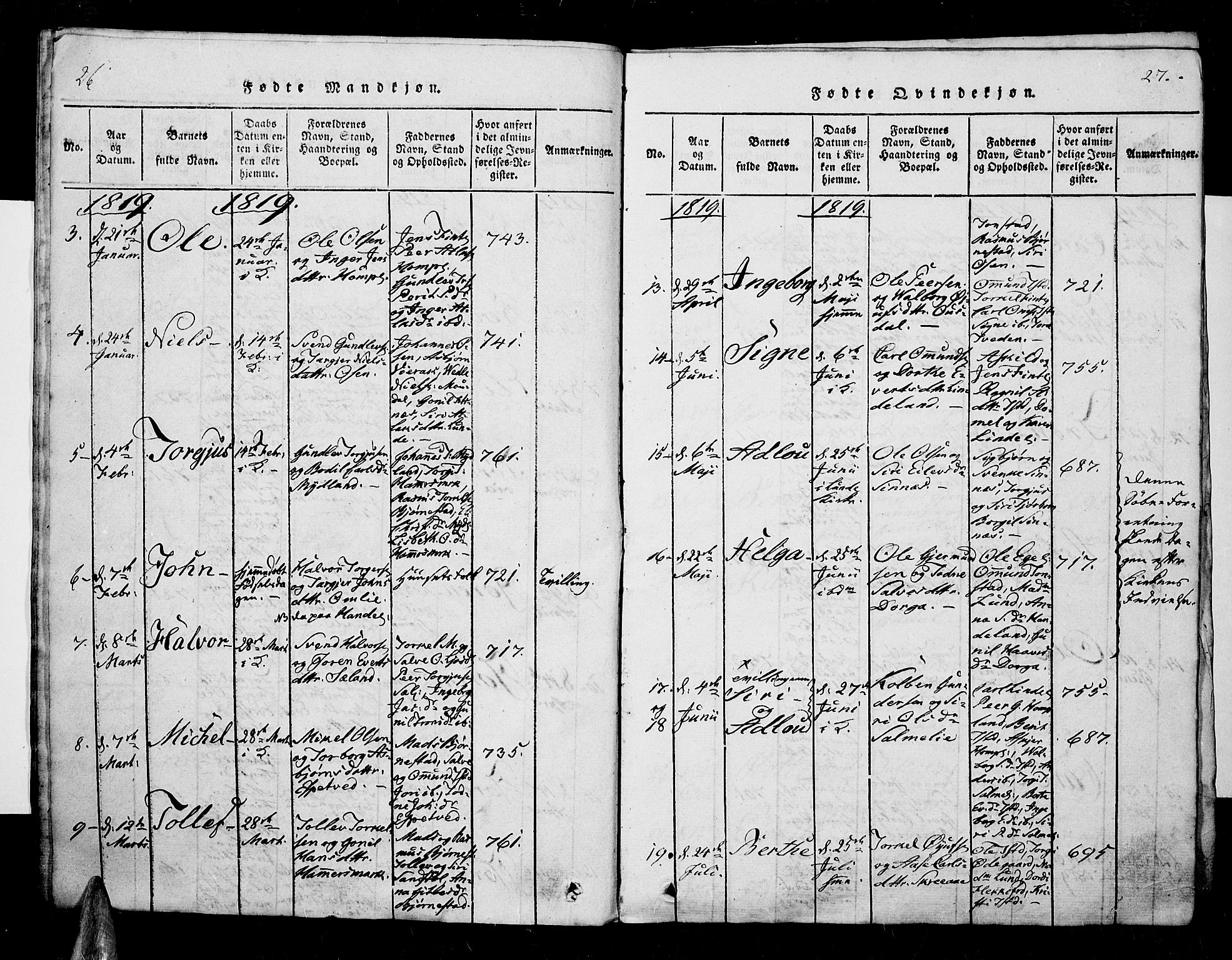 Sirdal sokneprestkontor, AV/SAK-1111-0036/F/Fa/Fab/L0001: Parish register (official) no. A 1, 1815-1834, p. 26-27