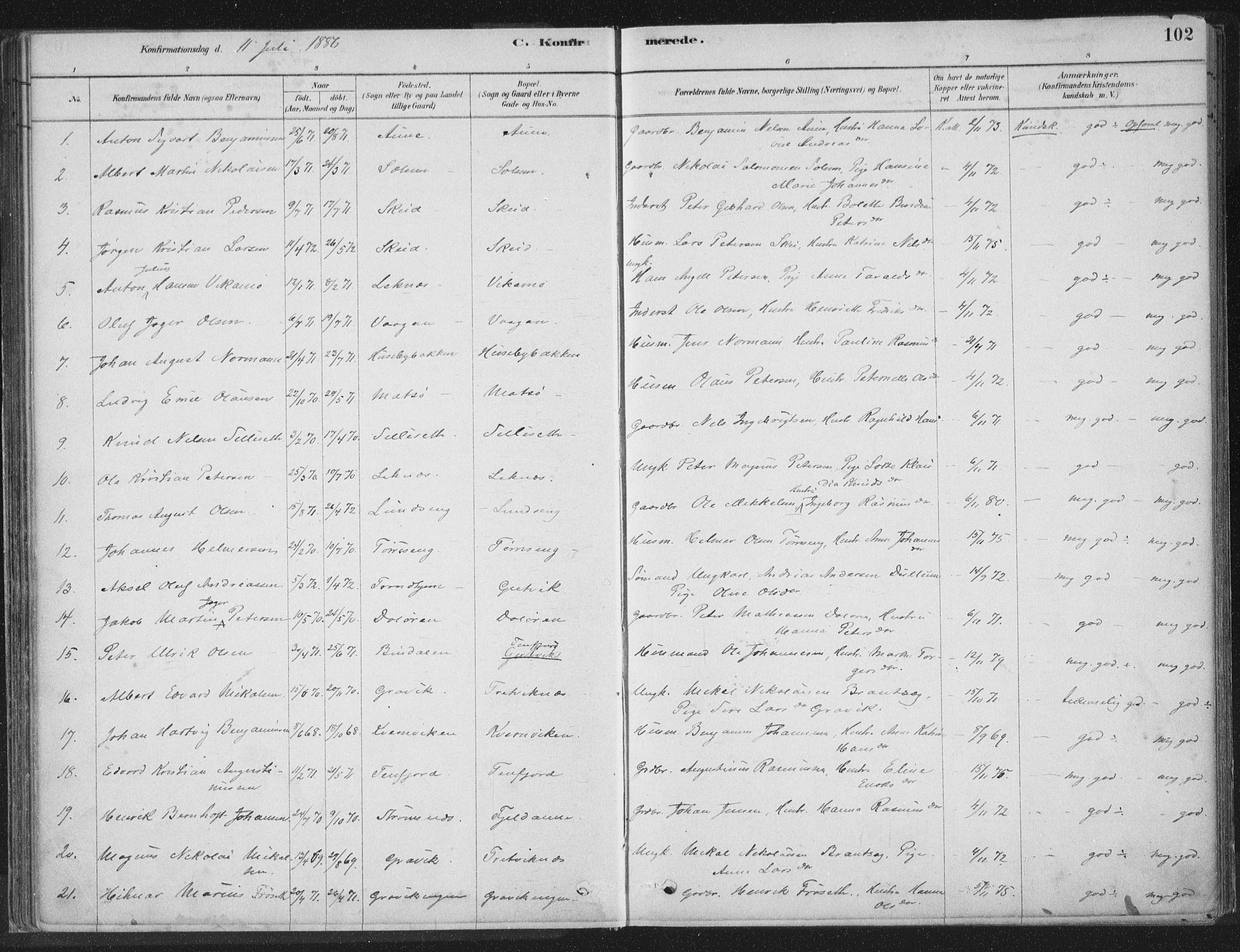 Ministerialprotokoller, klokkerbøker og fødselsregistre - Nord-Trøndelag, SAT/A-1458/788/L0697: Parish register (official) no. 788A04, 1878-1902, p. 102