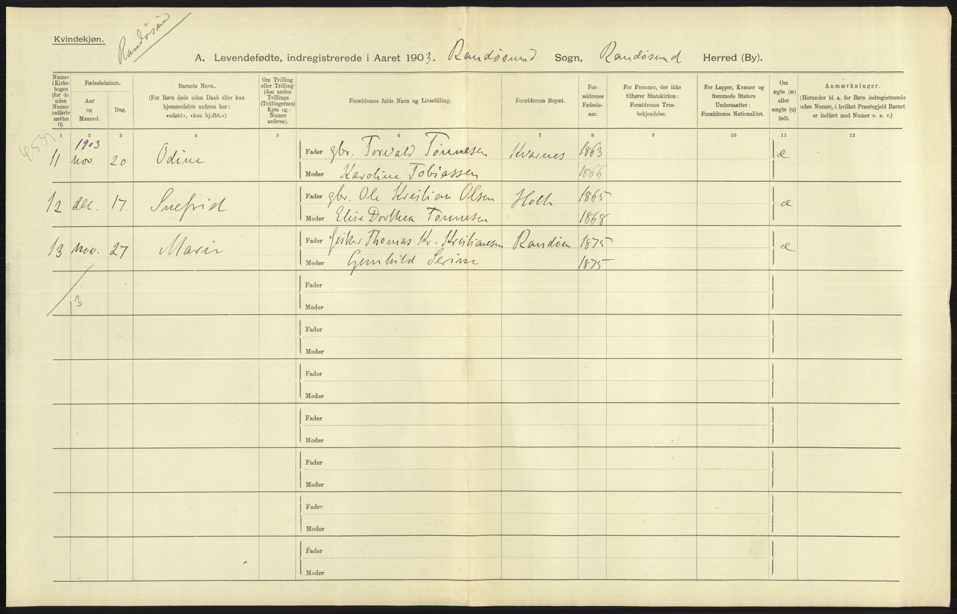 Statistisk sentralbyrå, Sosiodemografiske emner, Befolkning, AV/RA-S-2228/D/Df/Dfa/Dfaa/L0011: Lister og Mandal amt: Fødte, gifte, døde, 1903, p. 195