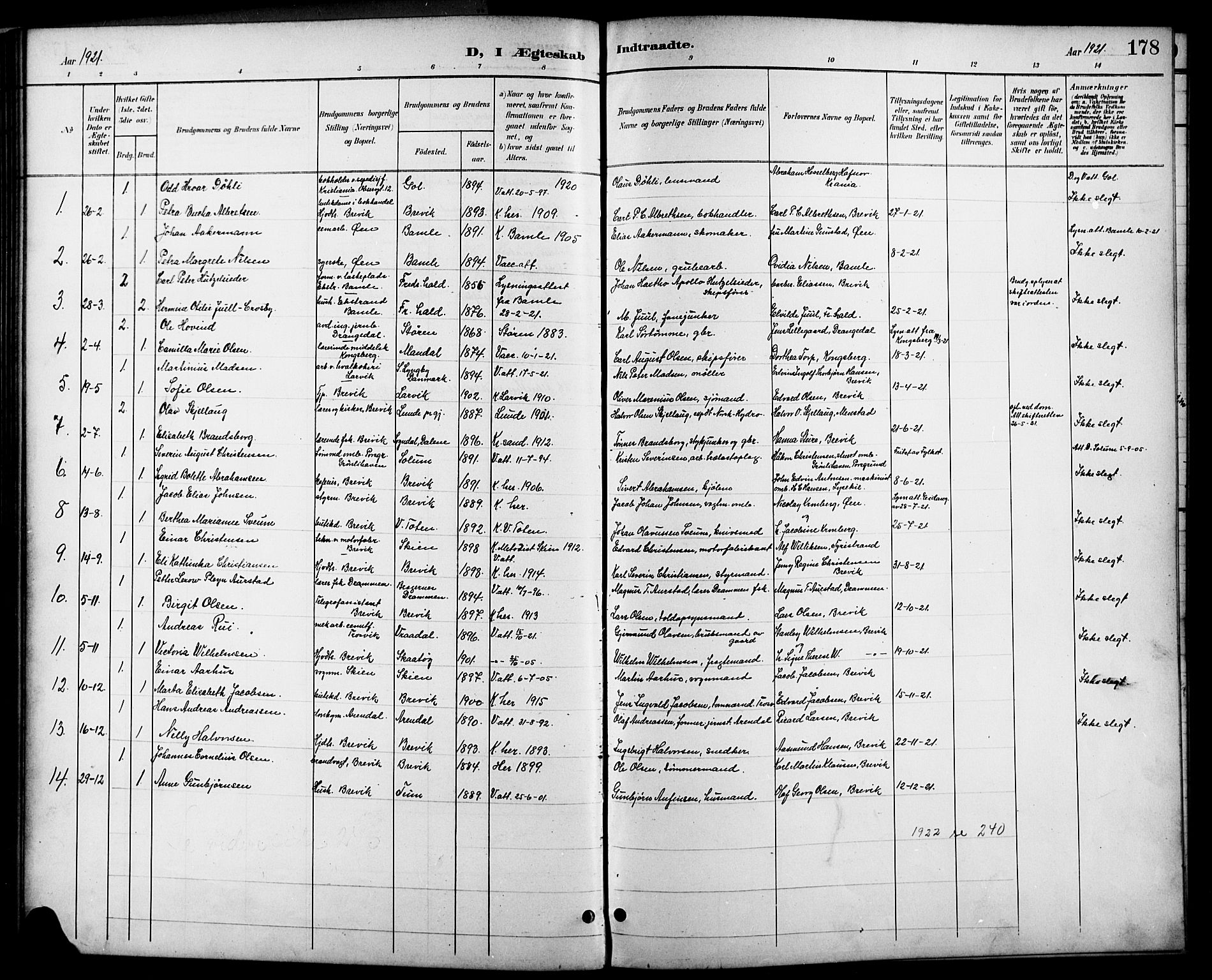 Brevik kirkebøker, SAKO/A-255/G/Ga/L0005: Parish register (copy) no. 5, 1901-1924, p. 178