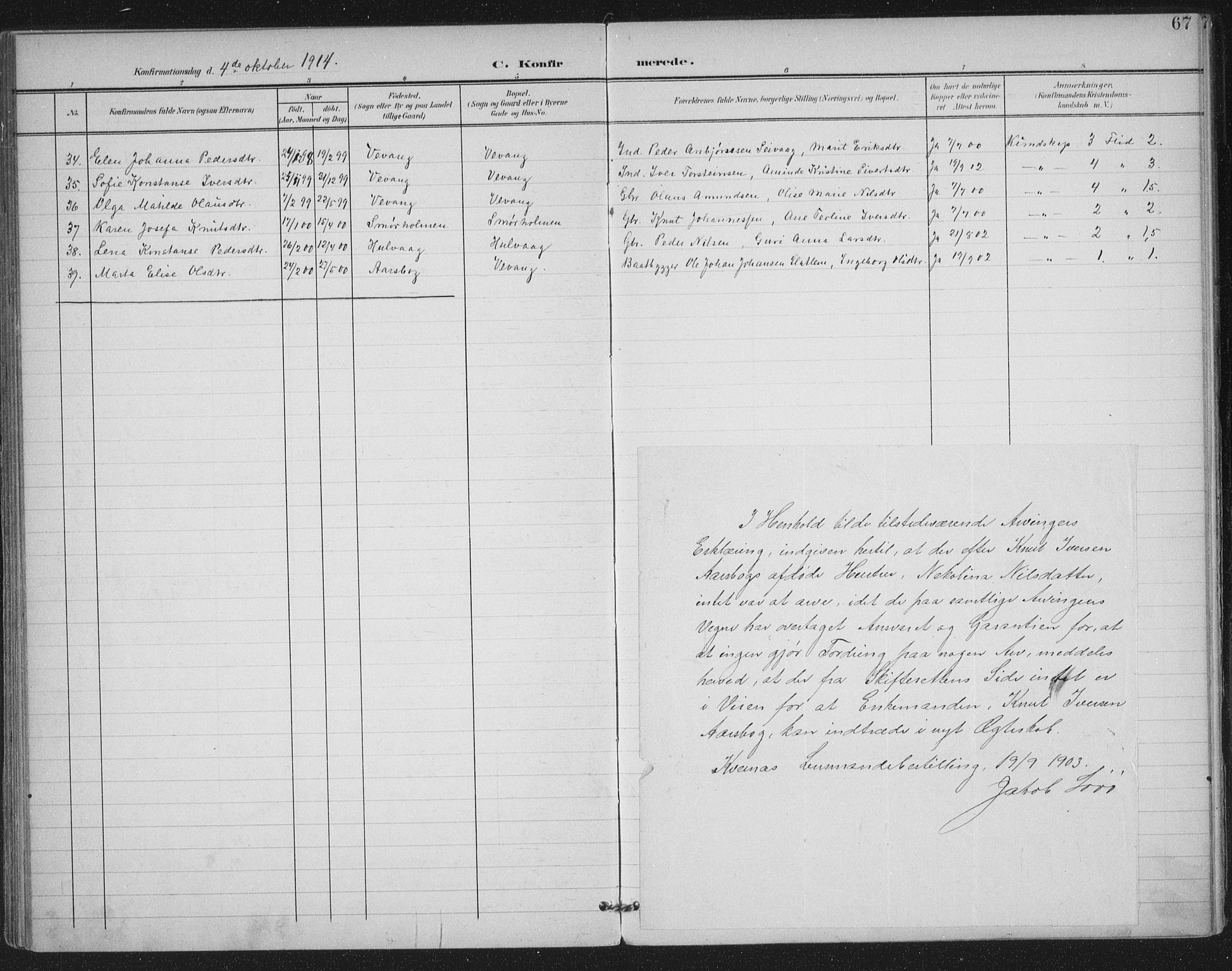 Ministerialprotokoller, klokkerbøker og fødselsregistre - Møre og Romsdal, AV/SAT-A-1454/570/L0833: Parish register (official) no. 570A07, 1901-1914, p. 67