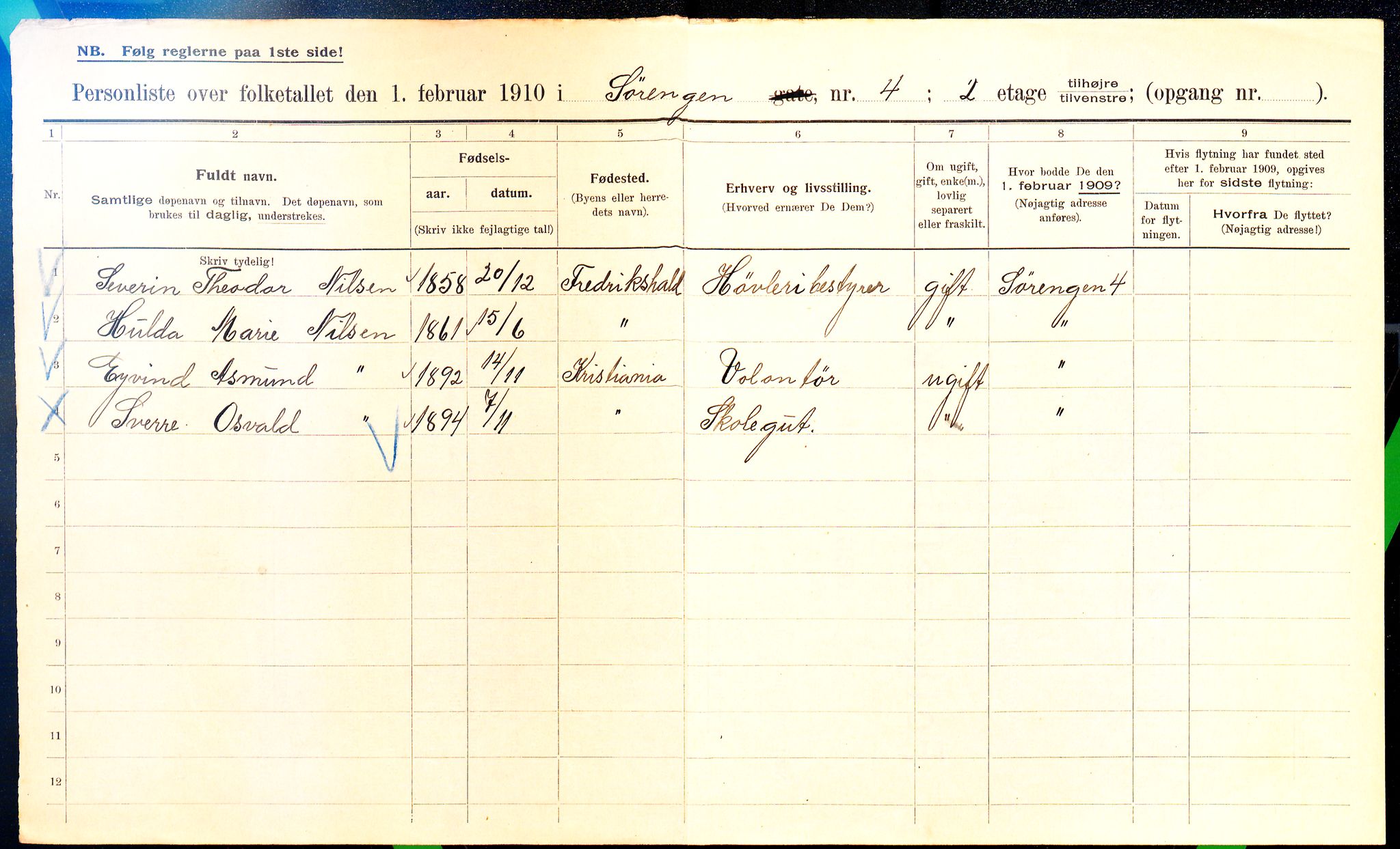 OBA, Municipal Census 1910 for Kristiania, 1910, p. 101055