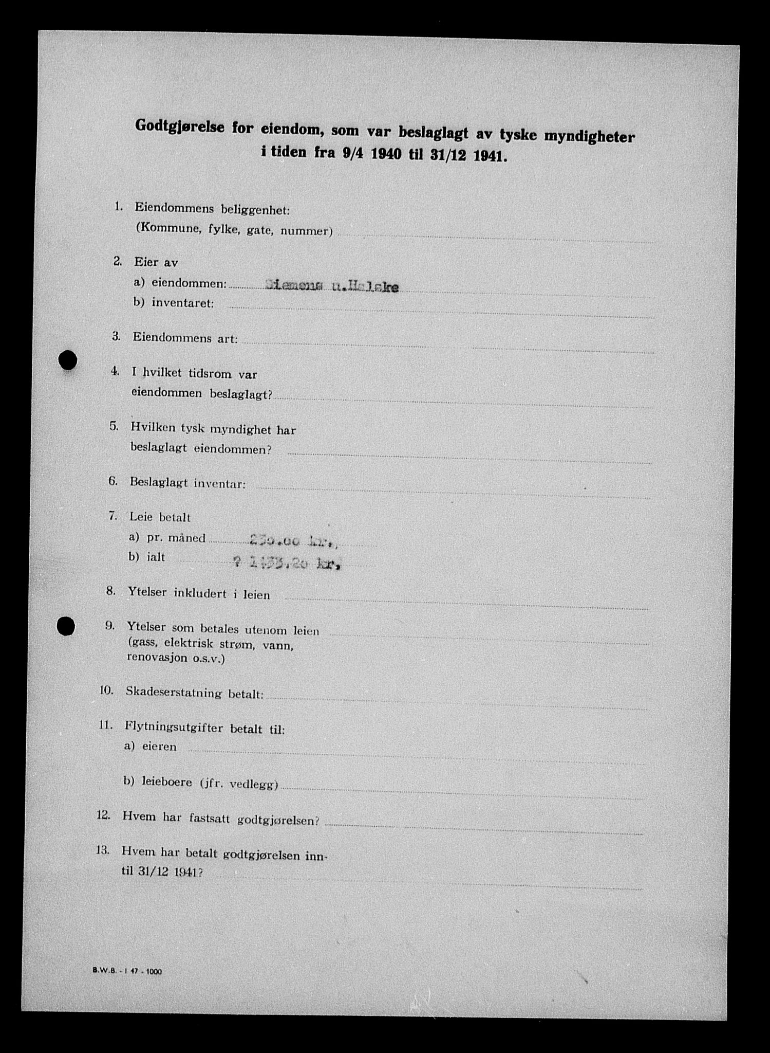 Justisdepartementet, Tilbakeføringskontoret for inndratte formuer, RA/S-1564/I/L1011: Godtgjørelse for beslaglagt eiendom, 1940-1941, p. 556