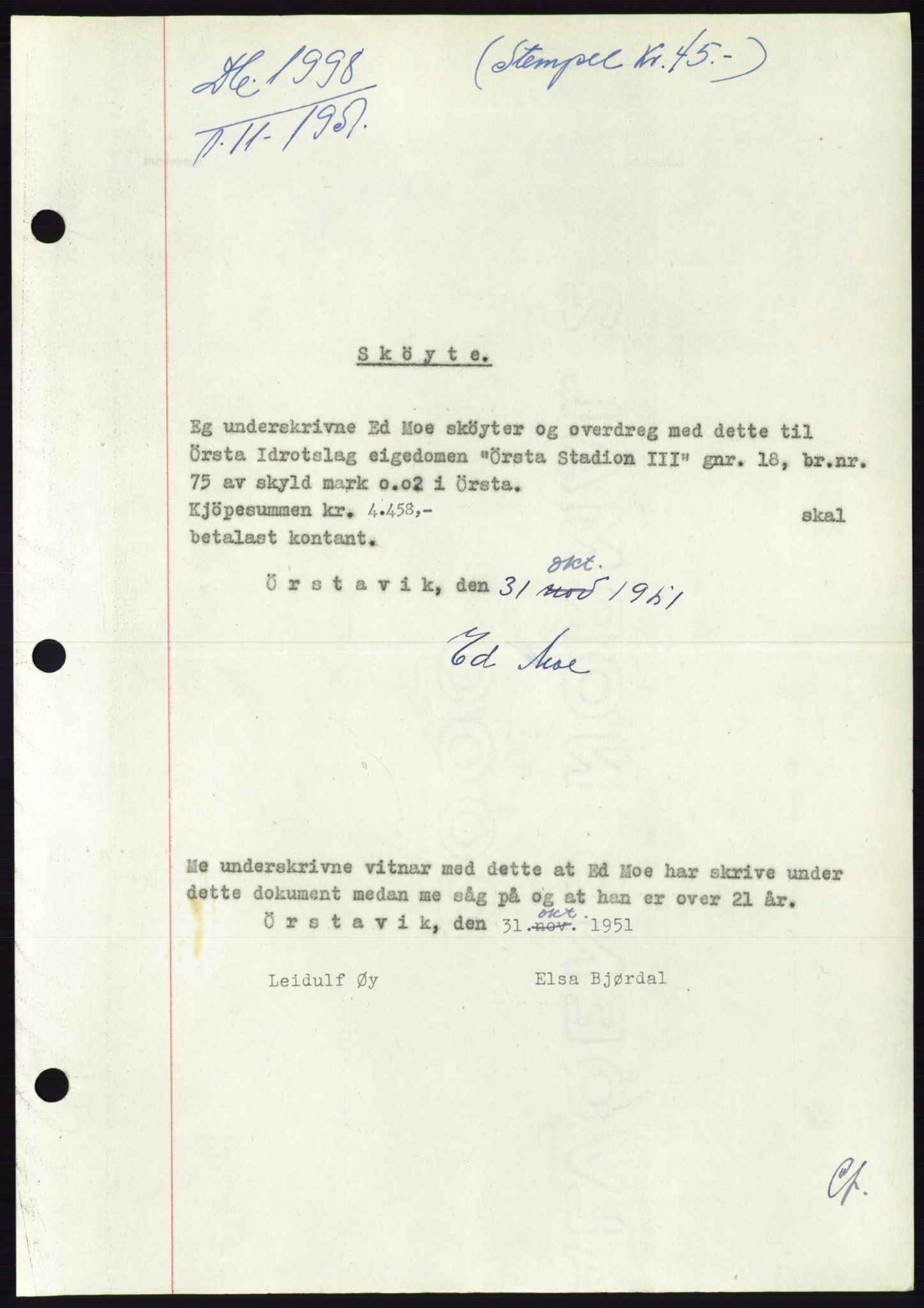 Søre Sunnmøre sorenskriveri, AV/SAT-A-4122/1/2/2C/L0090: Mortgage book no. 16A, 1951-1951, Diary no: : 1998/1951