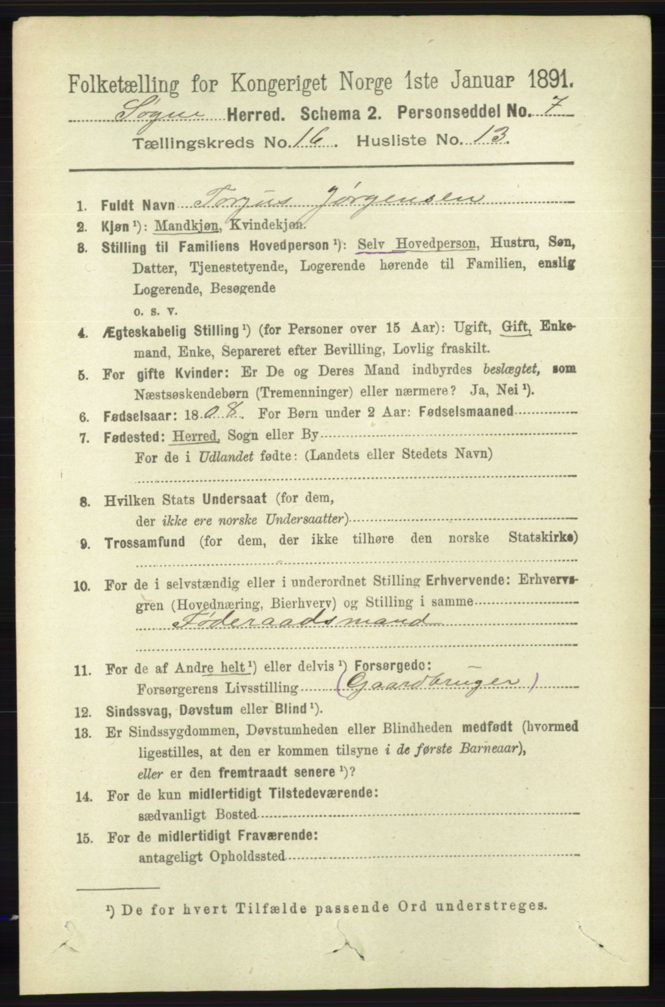 RA, 1891 census for 1018 Søgne, 1891, p. 4463