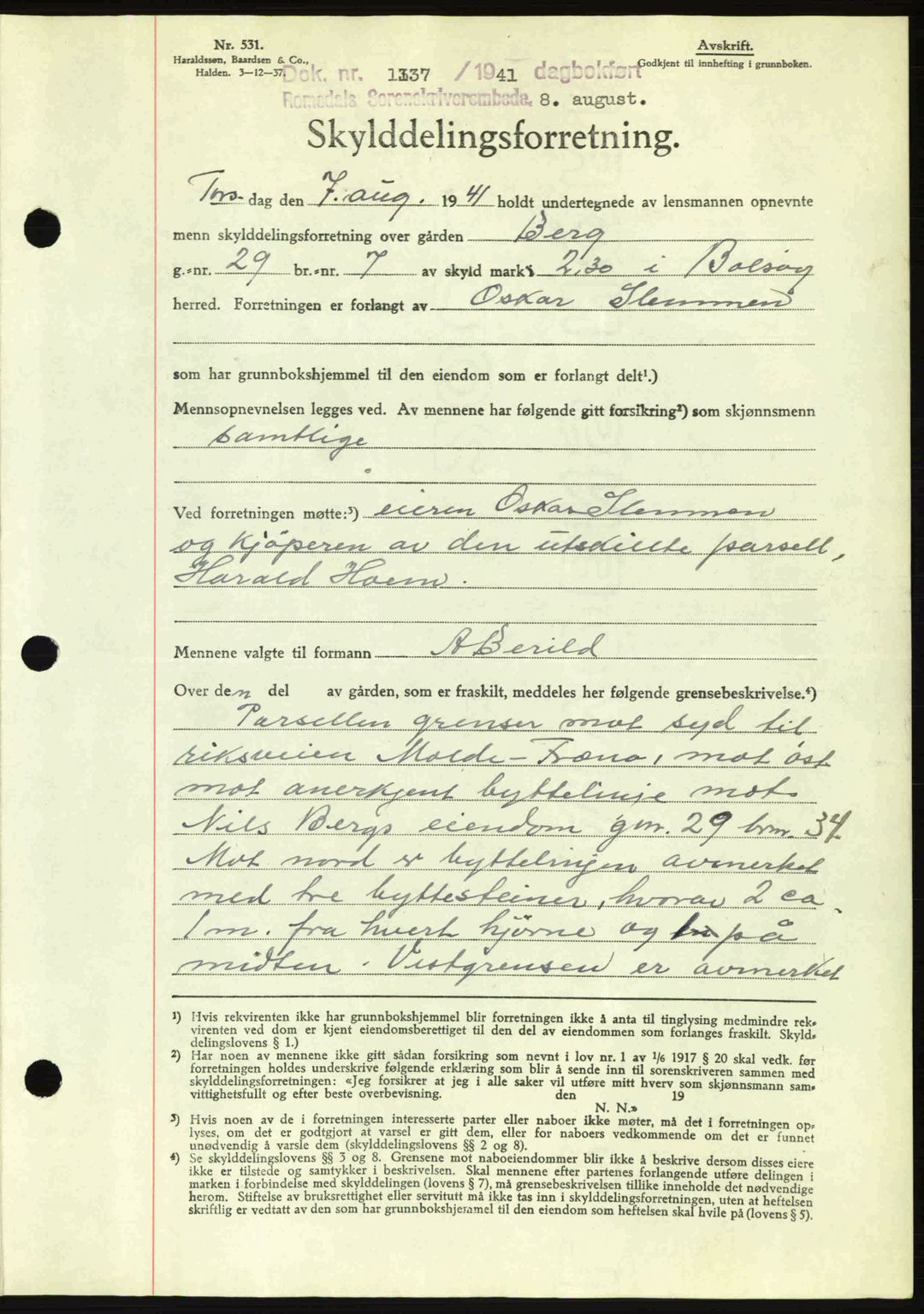 Romsdal sorenskriveri, AV/SAT-A-4149/1/2/2C: Mortgage book no. A10, 1941-1941, Diary no: : 1337/1941