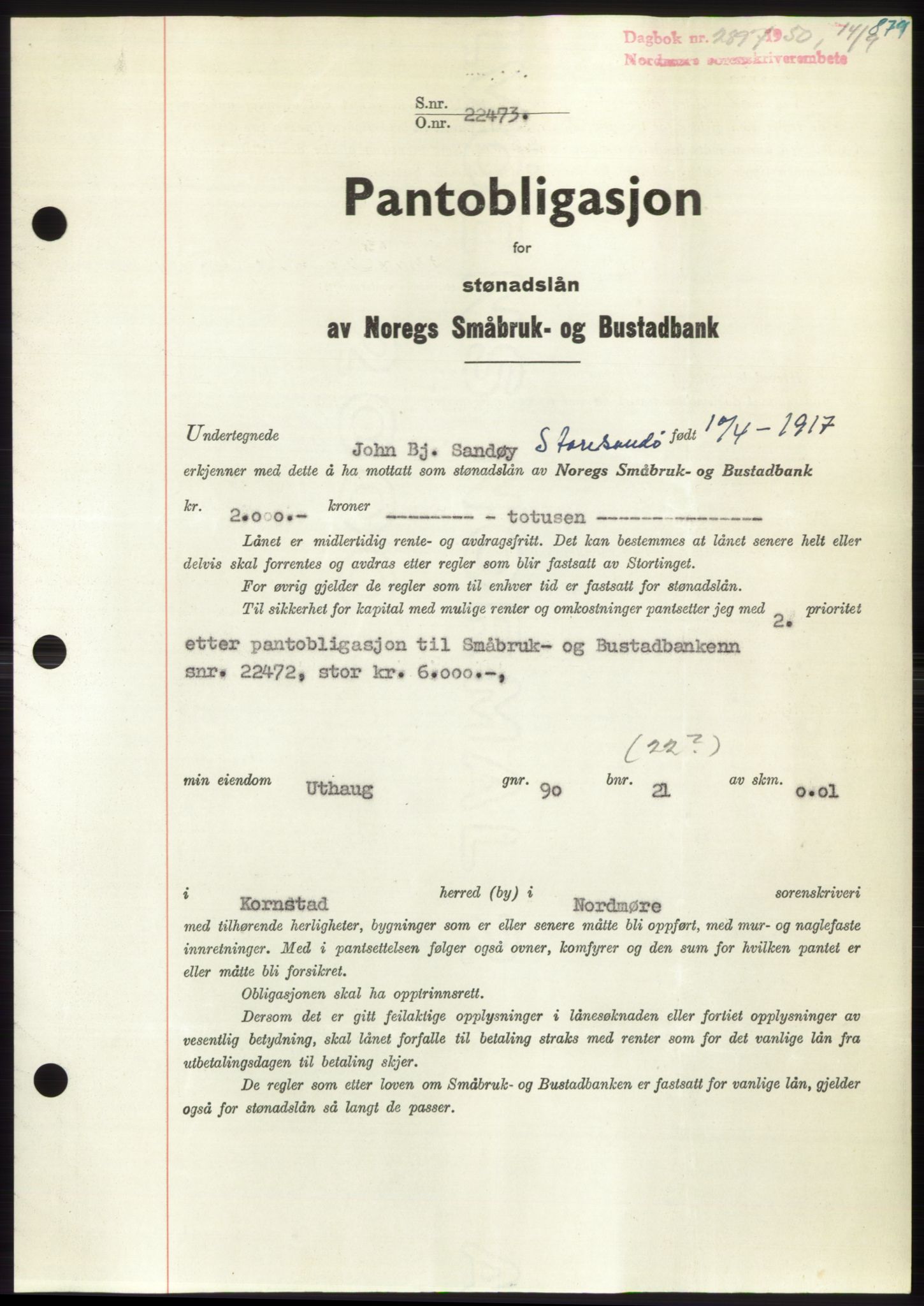 Nordmøre sorenskriveri, AV/SAT-A-4132/1/2/2Ca: Mortgage book no. B105, 1950-1950, Diary no: : 2897/1950