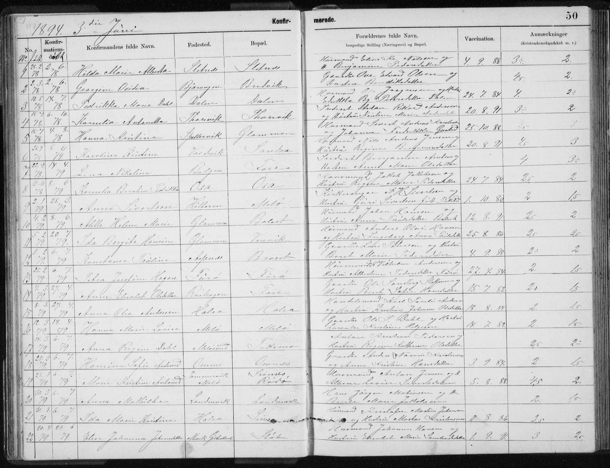 Ministerialprotokoller, klokkerbøker og fødselsregistre - Nordland, SAT/A-1459/843/L0637: Parish register (copy) no. 843C06, 1884-1908, p. 50