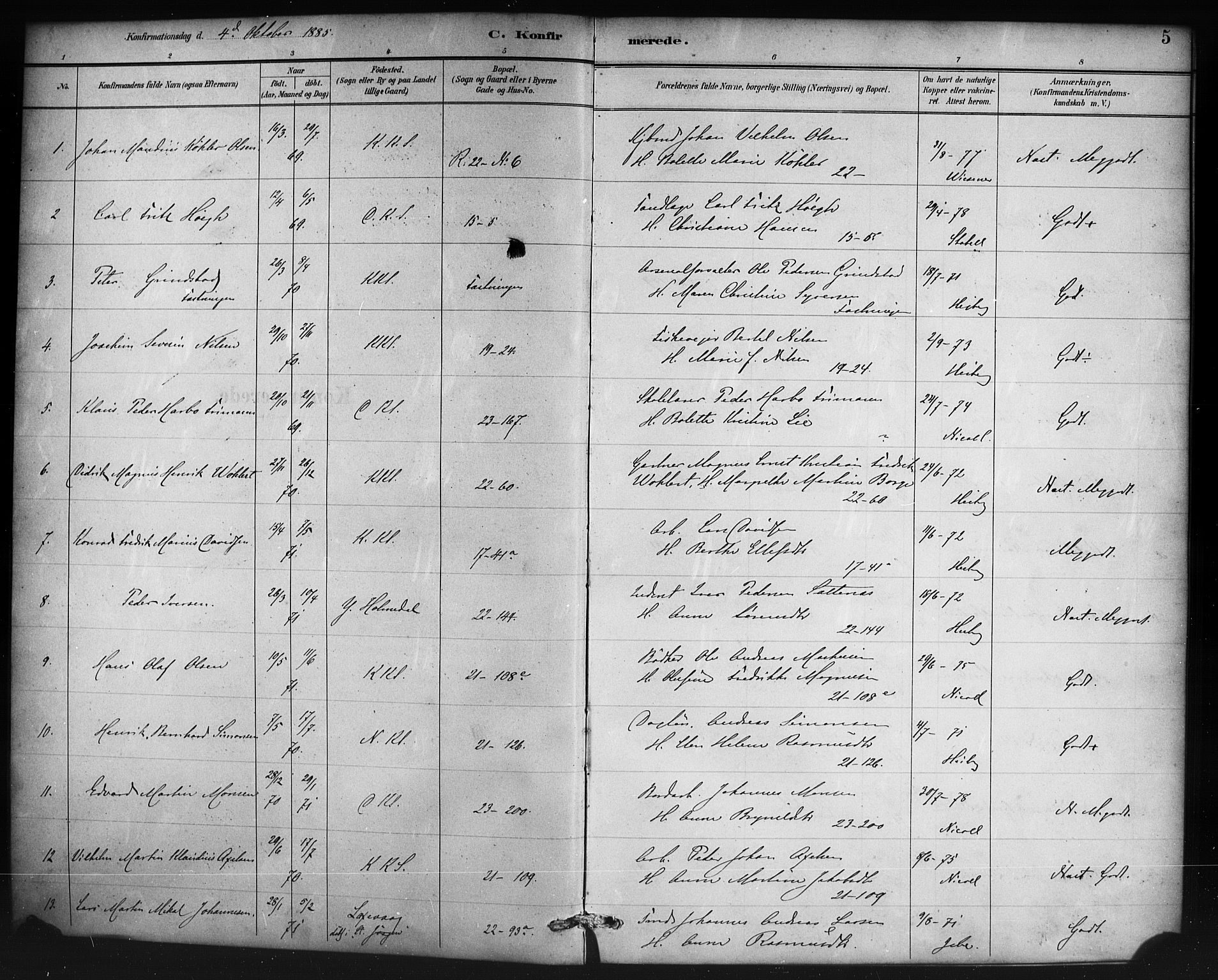 Korskirken sokneprestembete, SAB/A-76101/H/Haa/L0071: Curate's parish register no. A 6, 1885-1912, p. 5