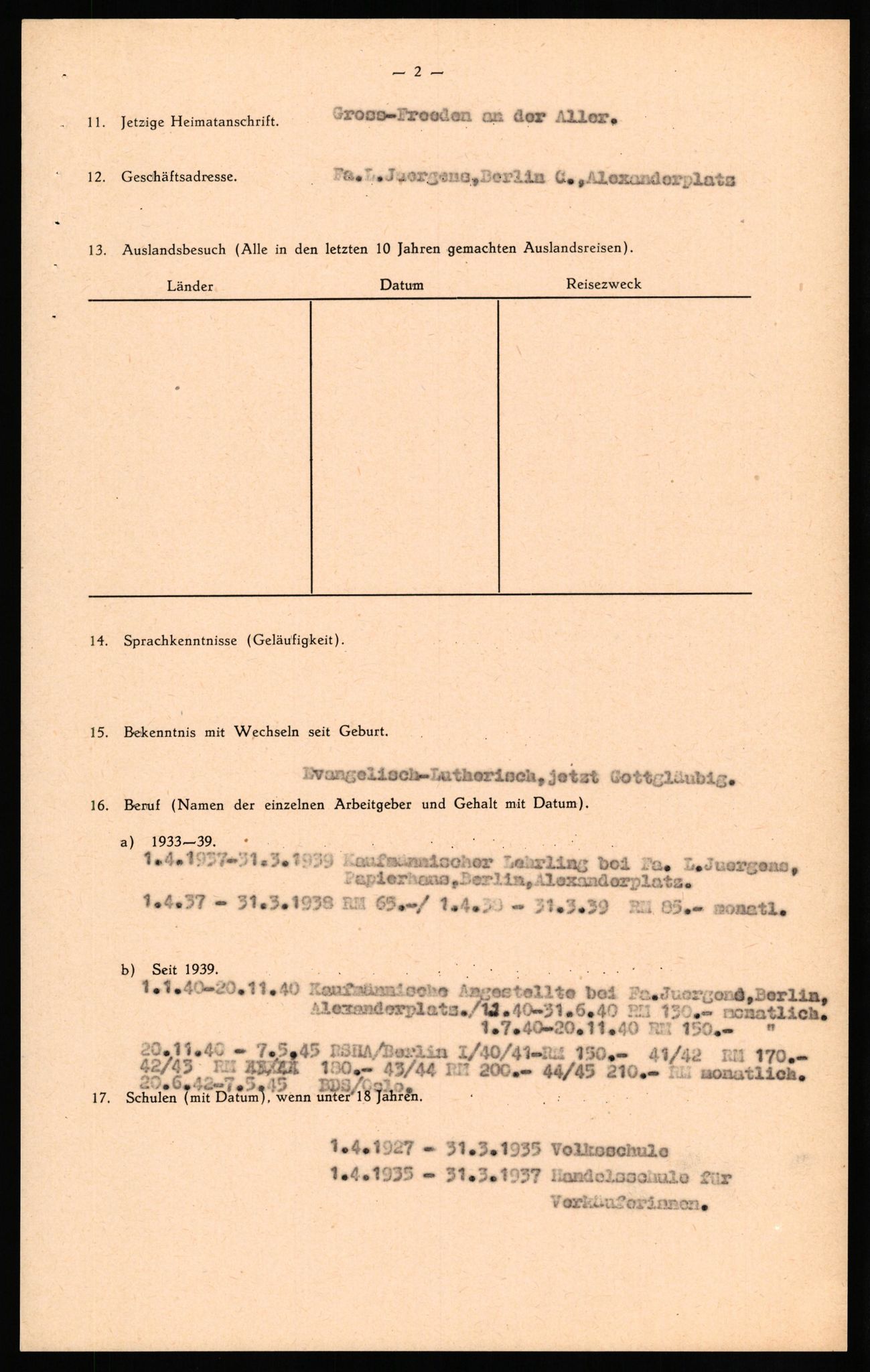 Forsvaret, Forsvarets overkommando II, RA/RAFA-3915/D/Db/L0029: CI Questionaires. Tyske okkupasjonsstyrker i Norge. Tyskere., 1945-1946, p. 68