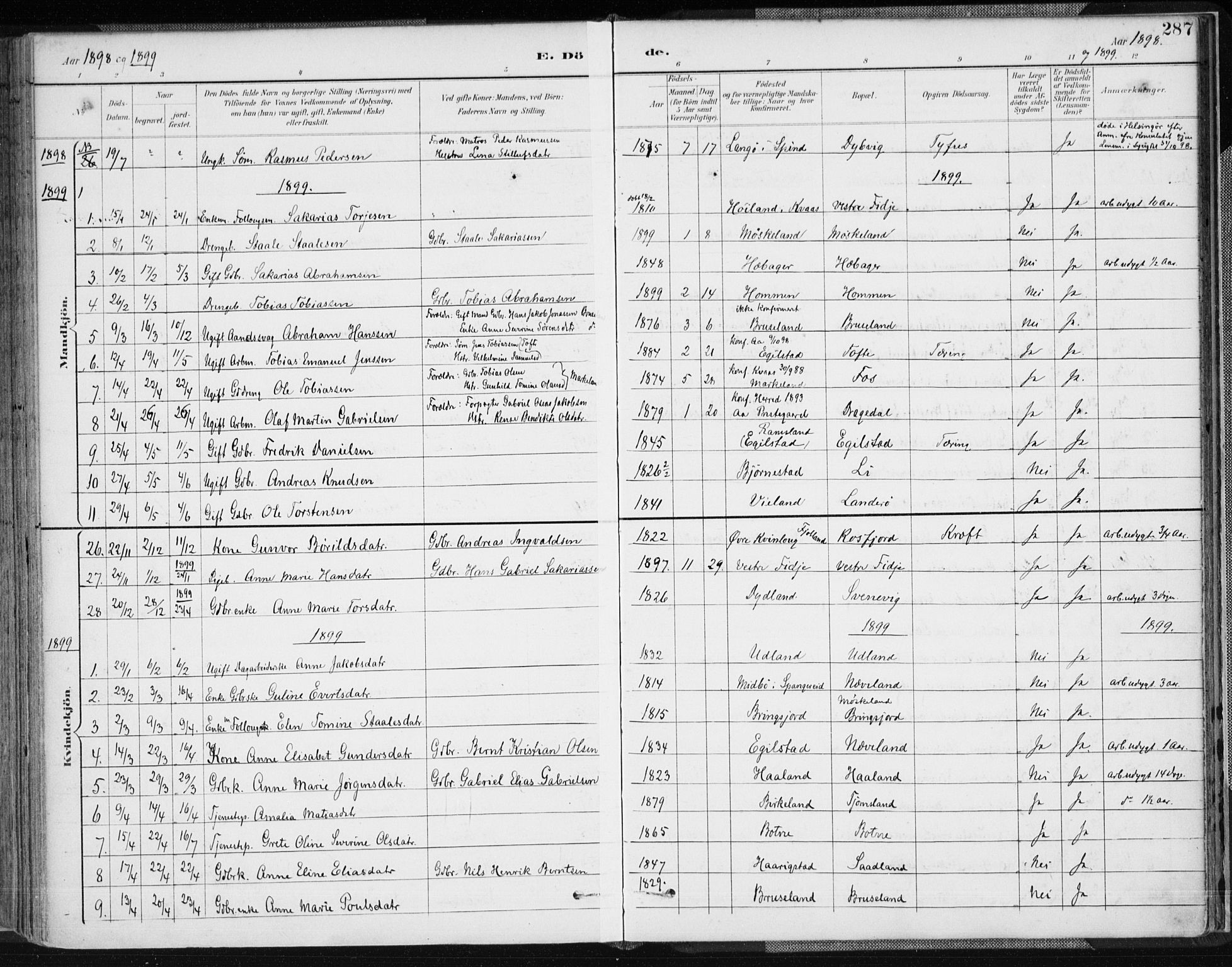 Lyngdal sokneprestkontor, AV/SAK-1111-0029/F/Fa/Fac/L0012: Parish register (official) no. A 12, 1894-1918, p. 287