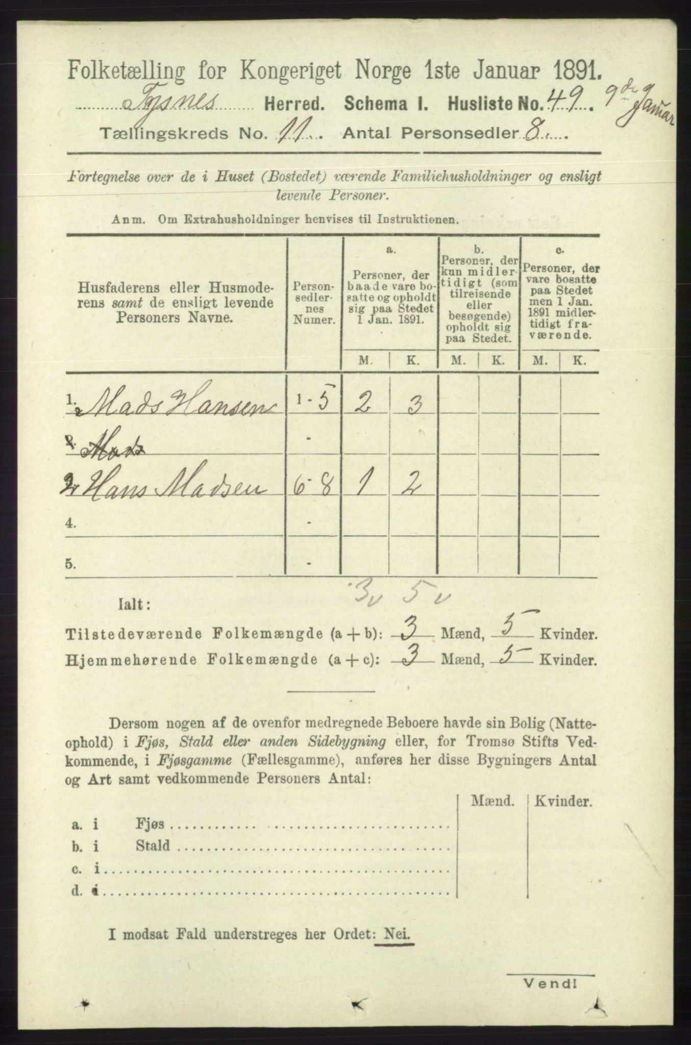 RA, 1891 census for 1223 Tysnes, 1891, p. 5353