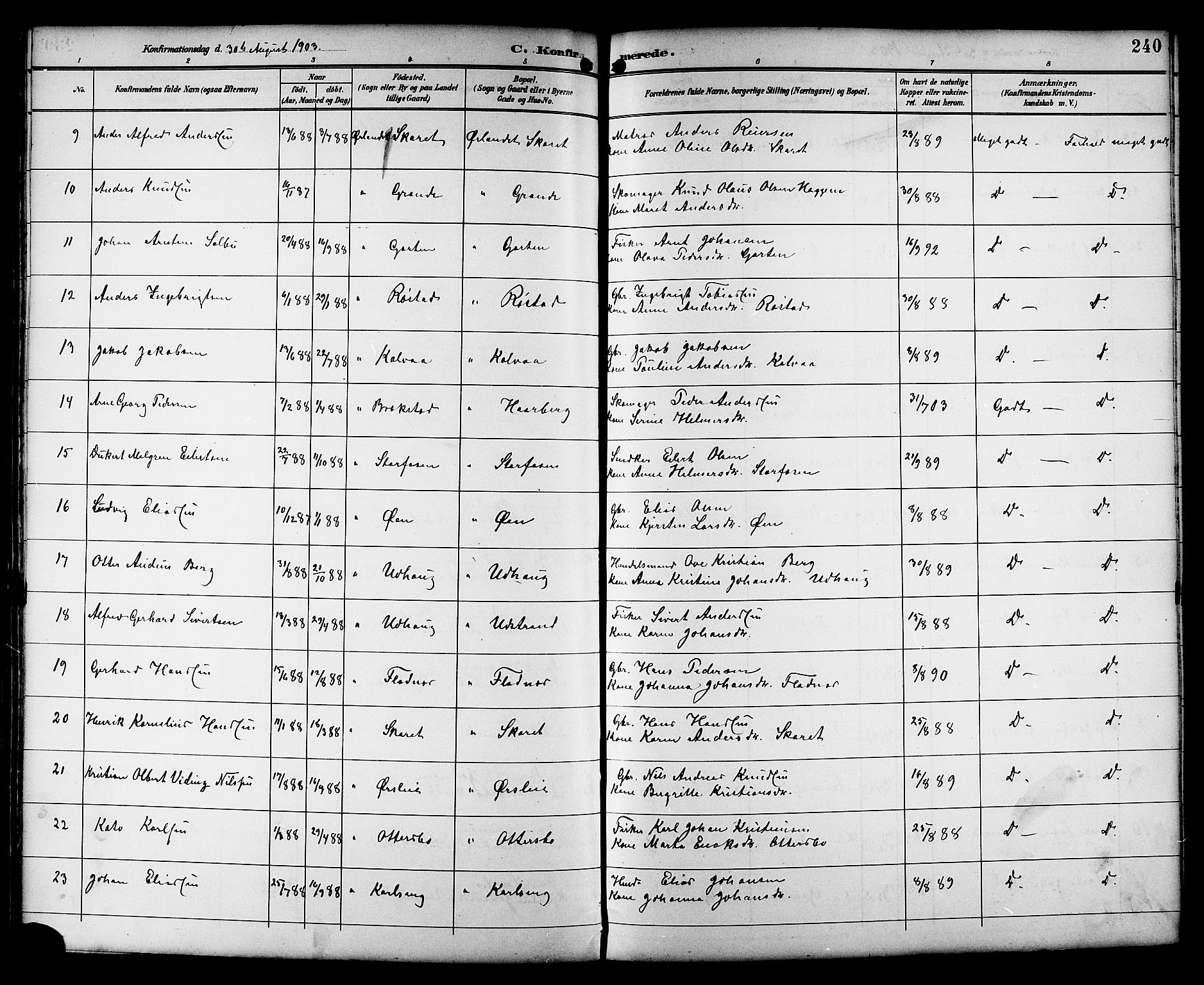 Ministerialprotokoller, klokkerbøker og fødselsregistre - Sør-Trøndelag, AV/SAT-A-1456/659/L0746: Parish register (copy) no. 659C03, 1893-1912, p. 240