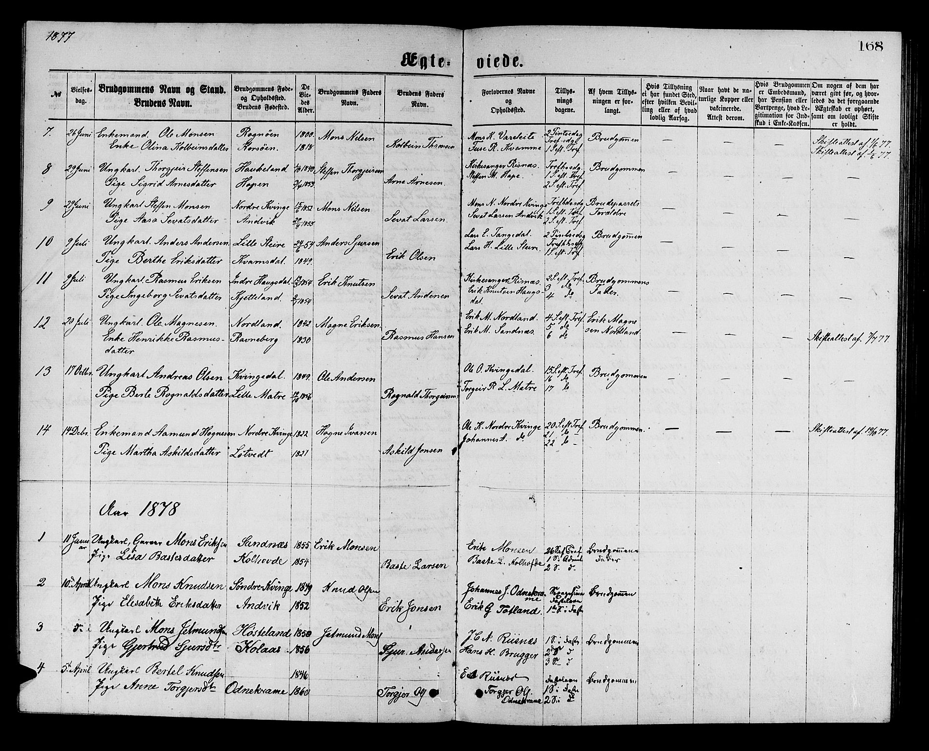 Masfjorden Sokneprestembete, AV/SAB-A-77001: Parish register (copy) no. A 2, 1876-1891, p. 168