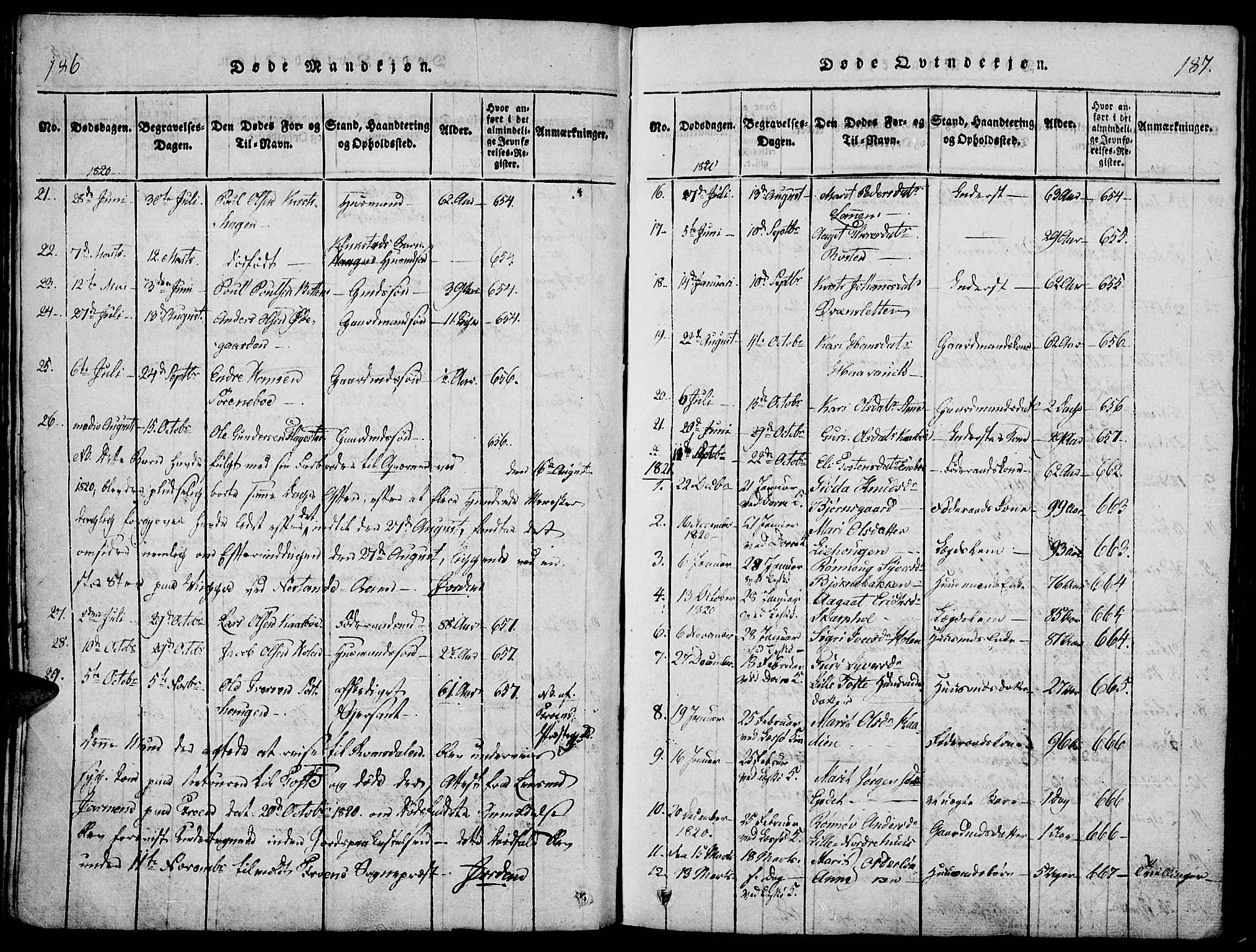 Lesja prestekontor, AV/SAH-PREST-068/H/Ha/Haa/L0004: Parish register (official) no. 4, 1820-1829, p. 186-187