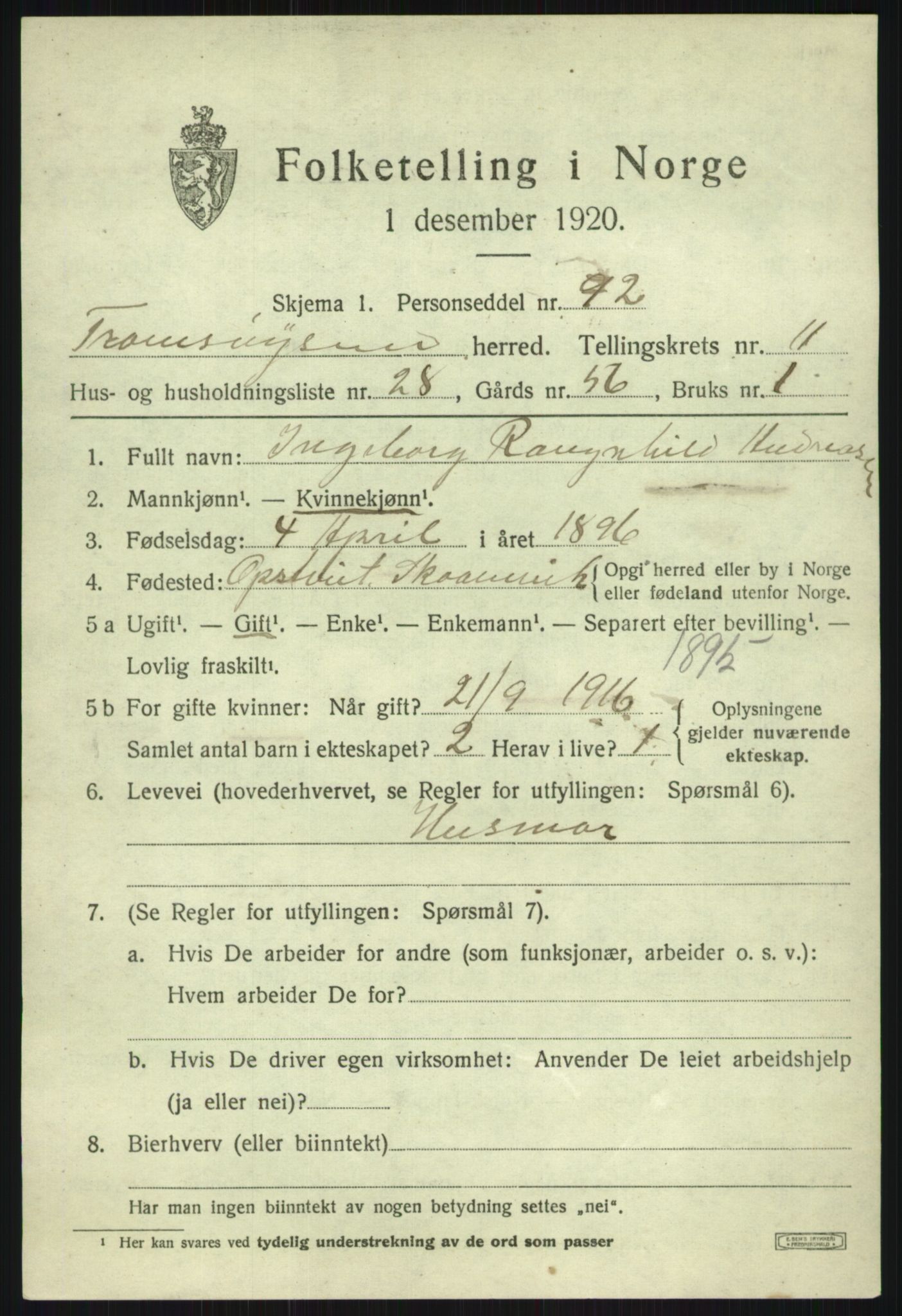 SATØ, 1920 census for Tromsøysund, 1920, p. 7568