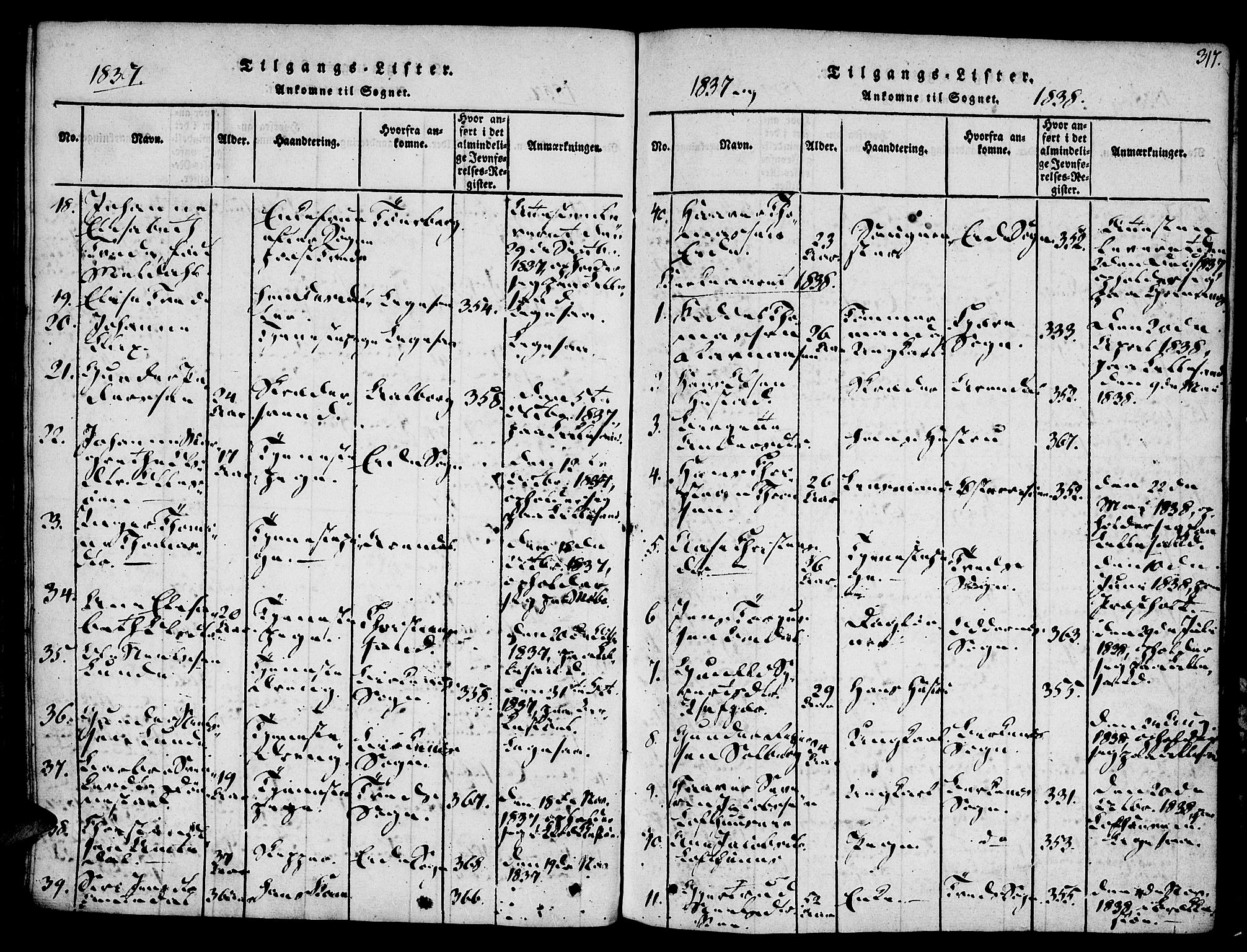 Vestre Moland sokneprestkontor, SAK/1111-0046/F/Fa/Fab/L0003: Parish register (official) no. A 3, 1816-1843, p. 317