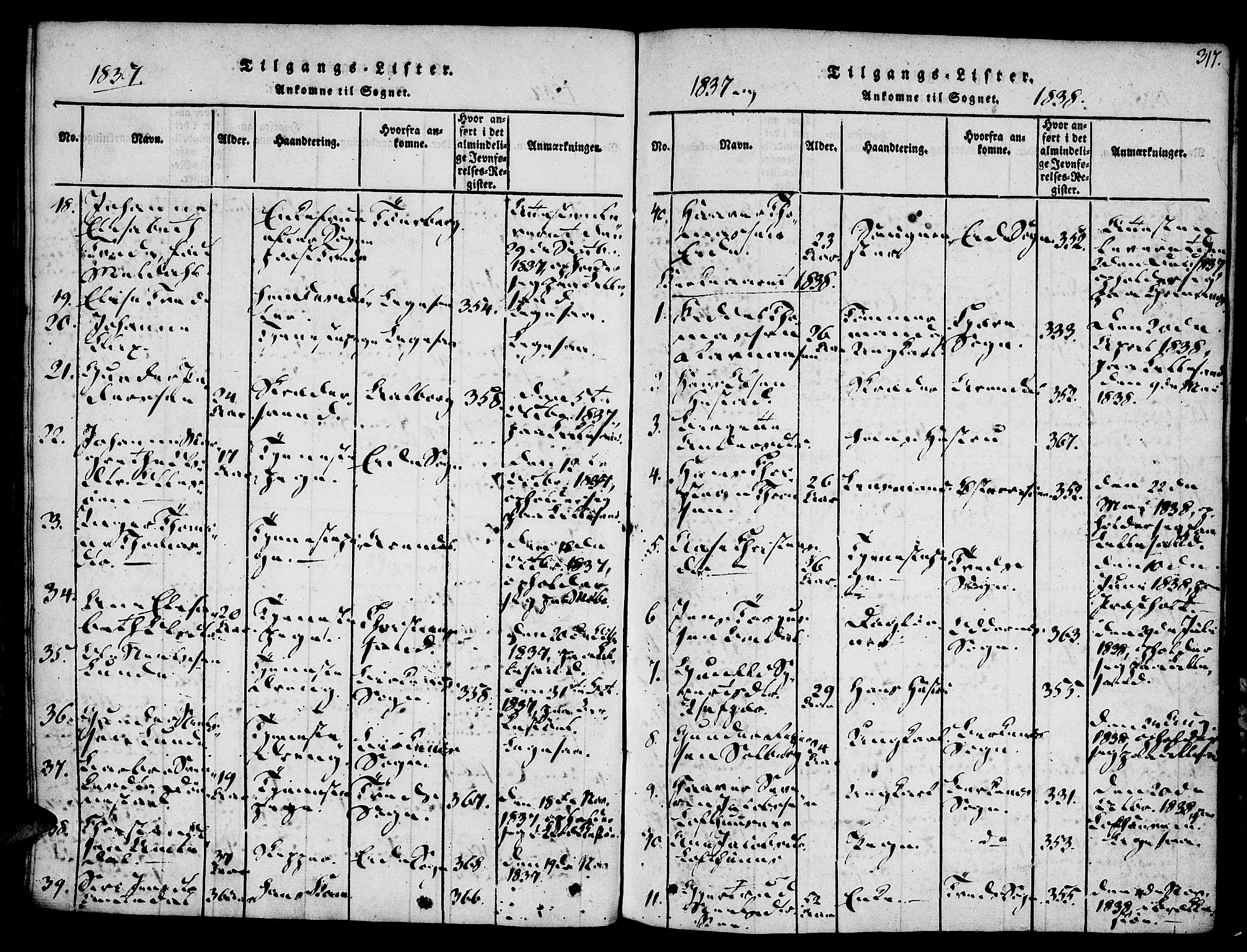 Vestre Moland sokneprestkontor, AV/SAK-1111-0046/F/Fa/Fab/L0003: Parish register (official) no. A 3, 1816-1843, p. 317