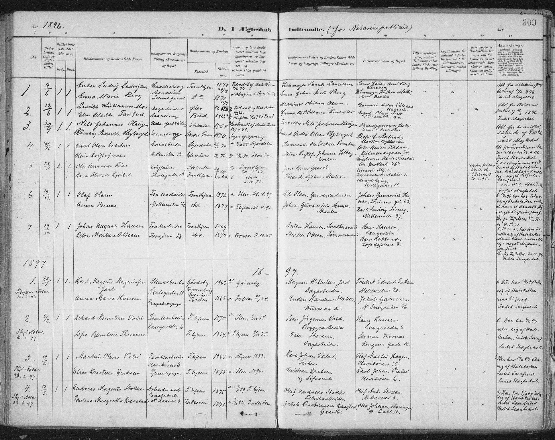Ministerialprotokoller, klokkerbøker og fødselsregistre - Sør-Trøndelag, SAT/A-1456/603/L0167: Parish register (official) no. 603A06, 1896-1932, p. 309