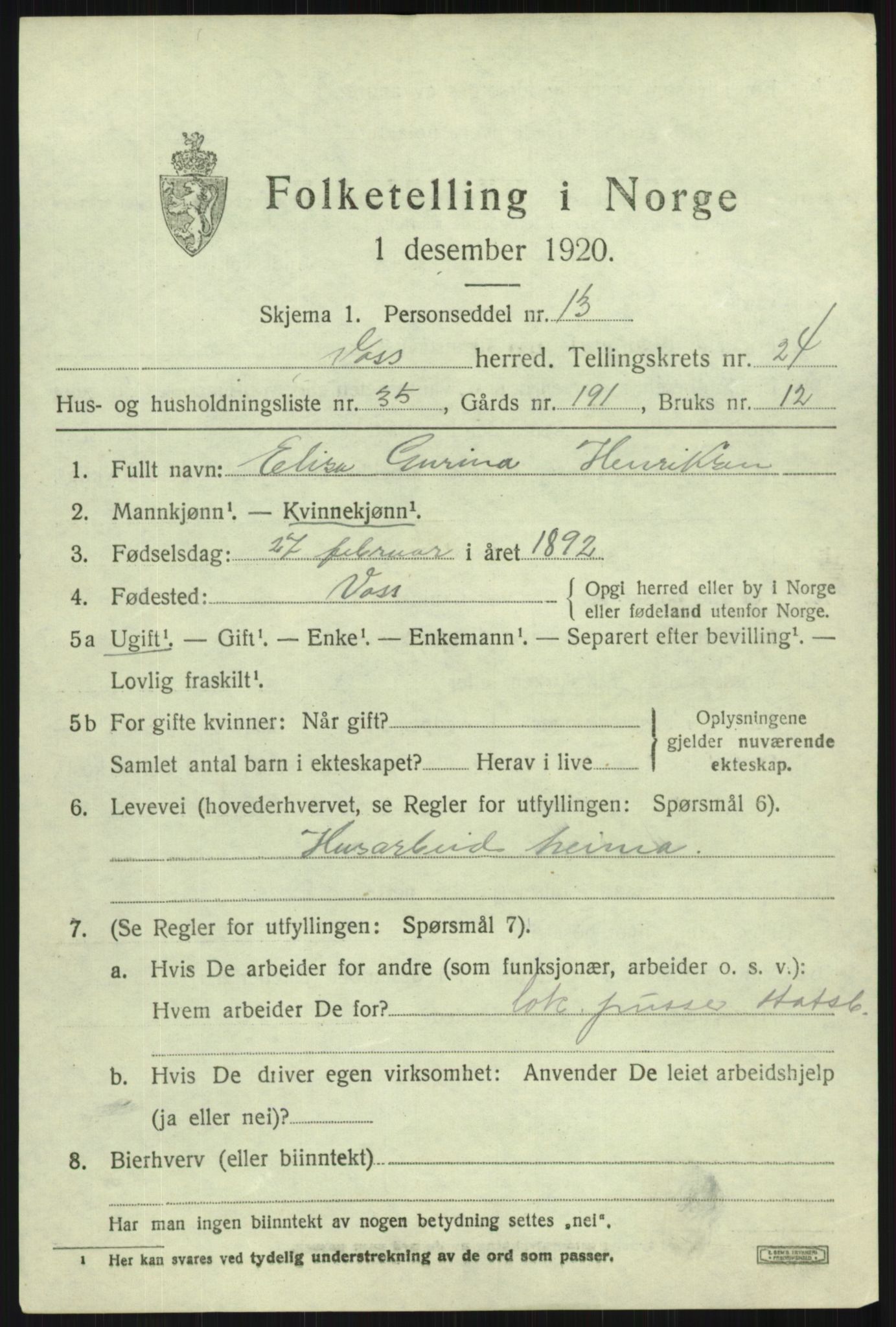 SAB, 1920 census for Voss, 1920, p. 16673