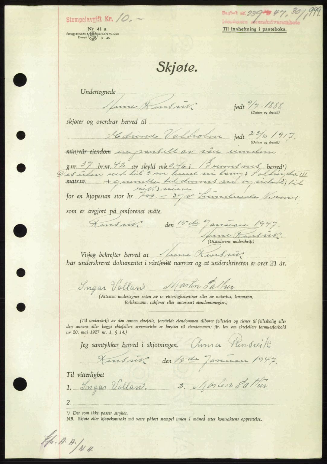 Nordmøre sorenskriveri, AV/SAT-A-4132/1/2/2Ca: Mortgage book no. A103, 1946-1947, Diary no: : 239/1947