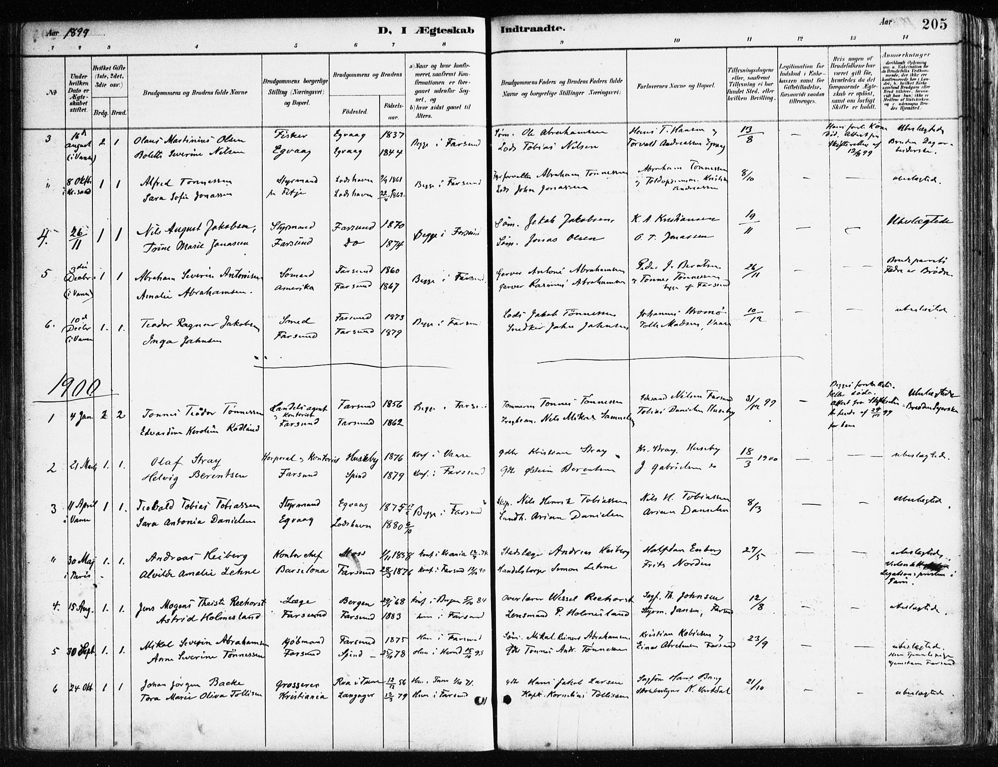 Farsund sokneprestkontor, AV/SAK-1111-0009/F/Fa/L0006: Parish register (official) no. A 6, 1887-1920, p. 205