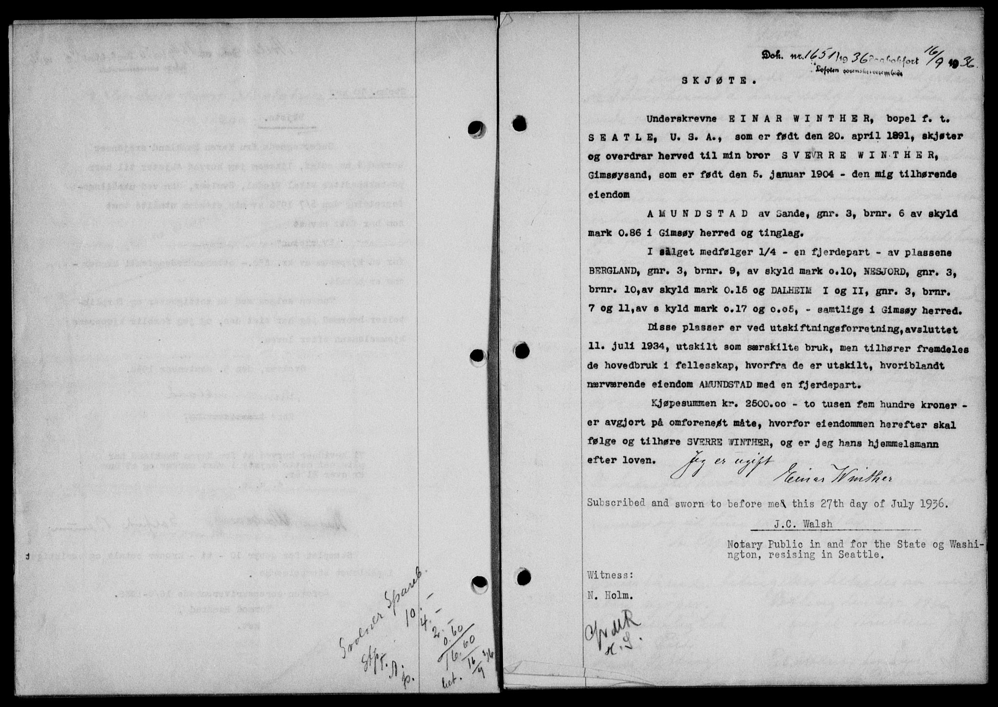 Lofoten sorenskriveri, SAT/A-0017/1/2/2C/L0001a: Mortgage book no. 1a, 1936-1937, Diary no: : 1651/1936