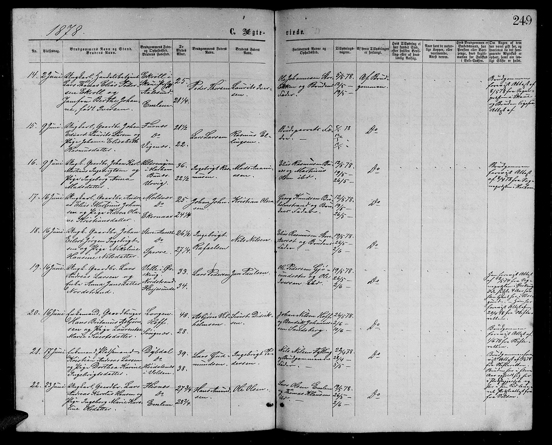 Ministerialprotokoller, klokkerbøker og fødselsregistre - Møre og Romsdal, AV/SAT-A-1454/528/L0428: Parish register (copy) no. 528C09, 1864-1880, p. 249