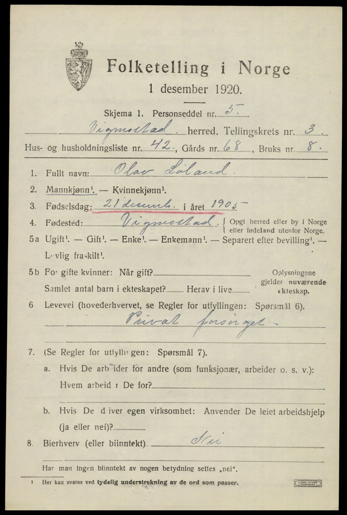 SAK, 1920 census for Vigmostad, 1920, p. 1171