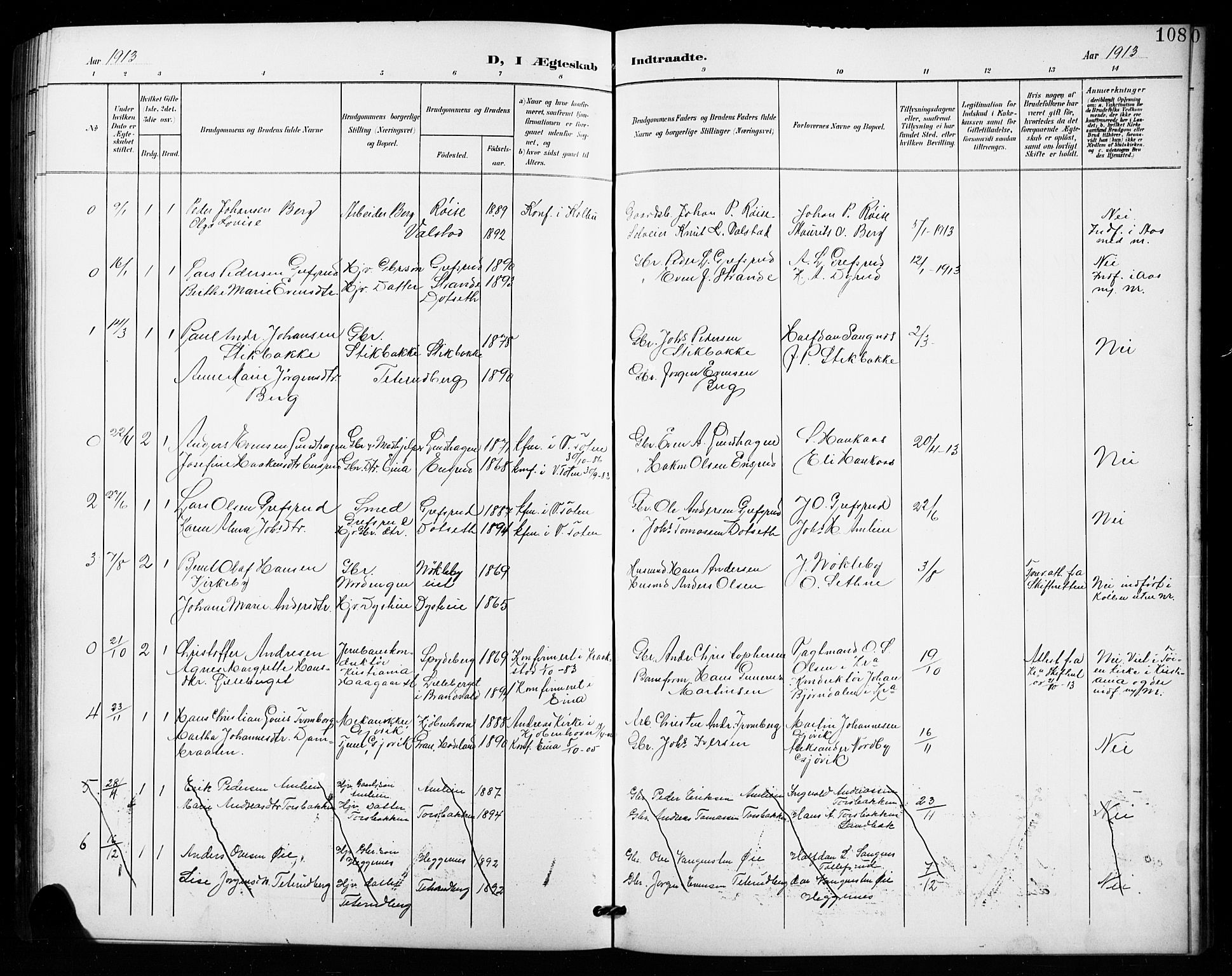 Vestre Toten prestekontor, SAH/PREST-108/H/Ha/Hab/L0016: Parish register (copy) no. 16, 1901-1915, p. 108