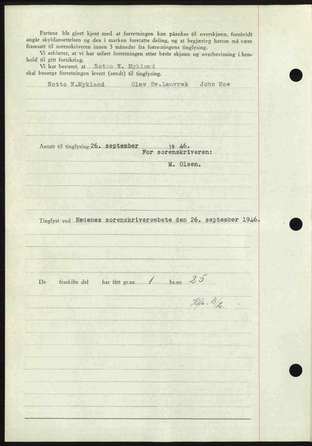 Nedenes sorenskriveri, AV/SAK-1221-0006/G/Gb/Gba/L0056: Mortgage book no. A8, 1946-1947, Diary no: : 1180/1946