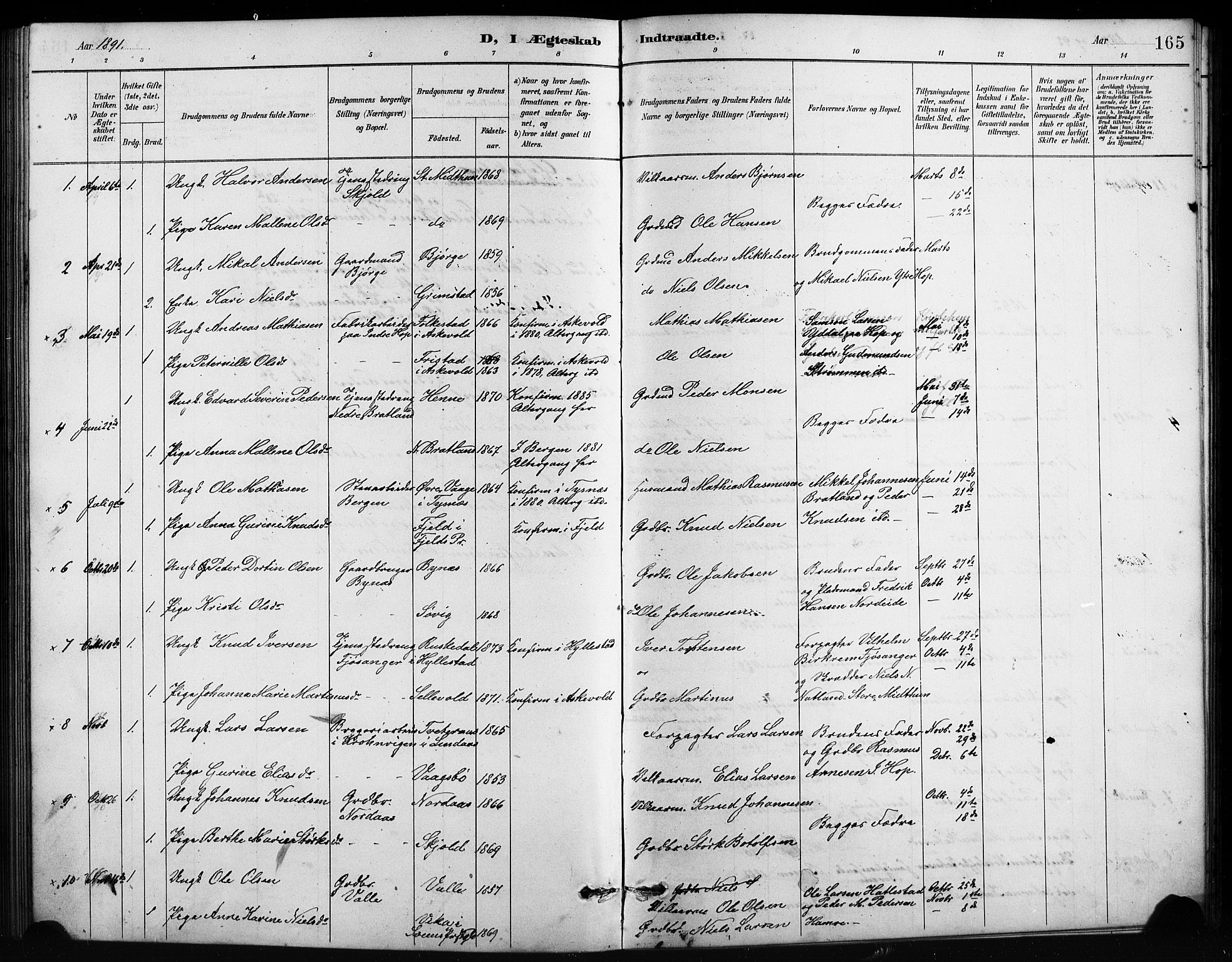 Birkeland Sokneprestembete, SAB/A-74601/H/Hab: Parish register (copy) no. A 4, 1888-1897, p. 165