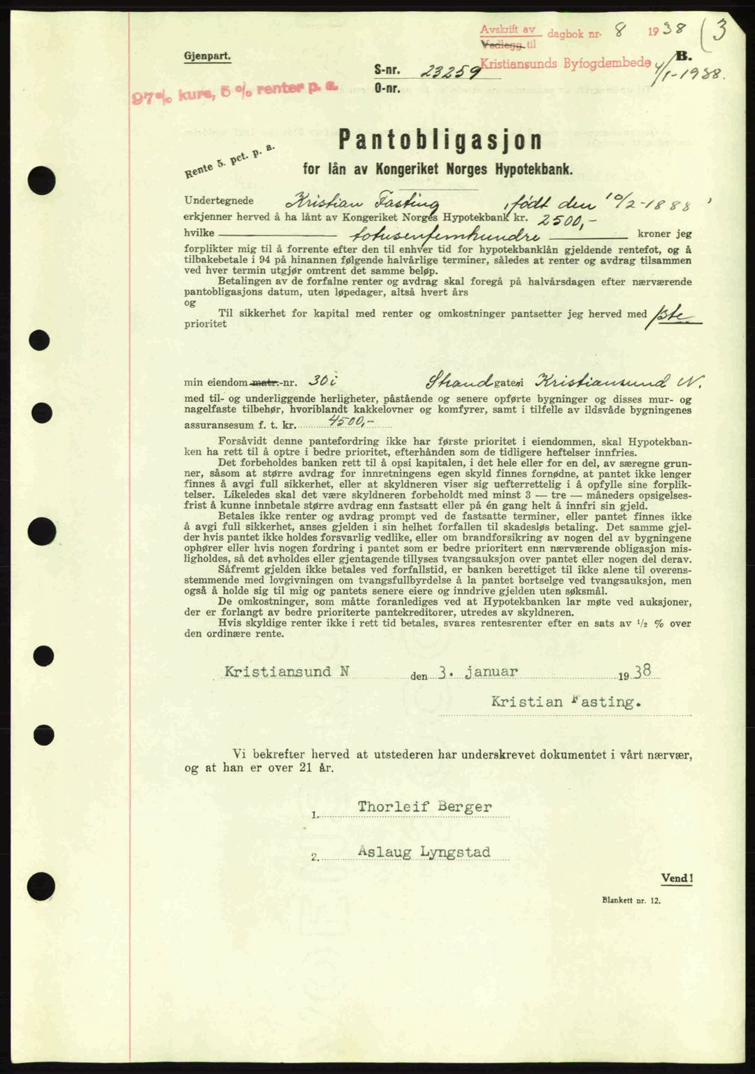 Kristiansund byfogd, SAT/A-4587/A/27: Mortgage book no. 31, 1938-1939, Diary no: : 8/1938