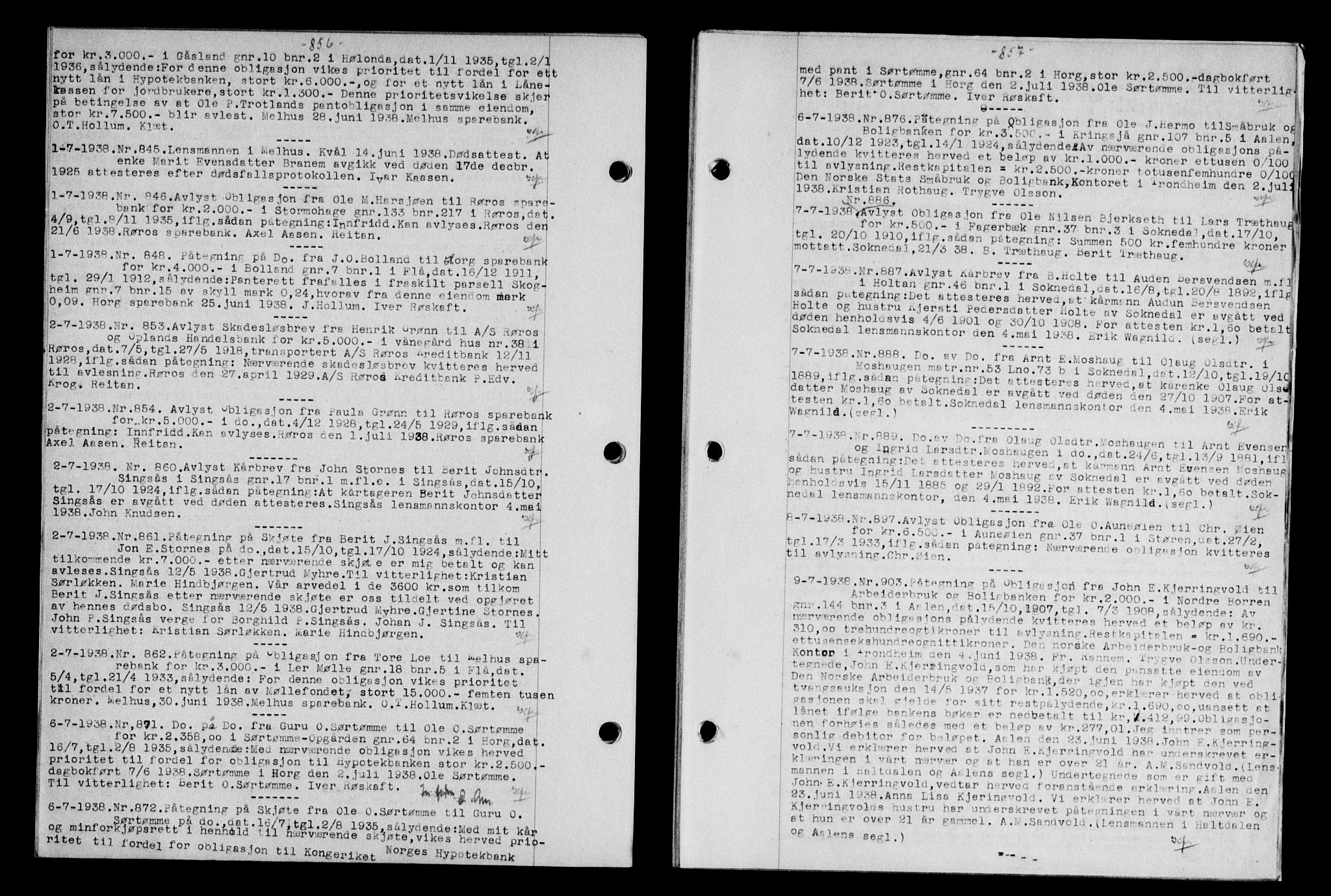Gauldal sorenskriveri, SAT/A-0014/1/2/2C/L0048: Mortgage book no. 51-52, 1937-1938, p. 856-857, Diary no: : 845/1938