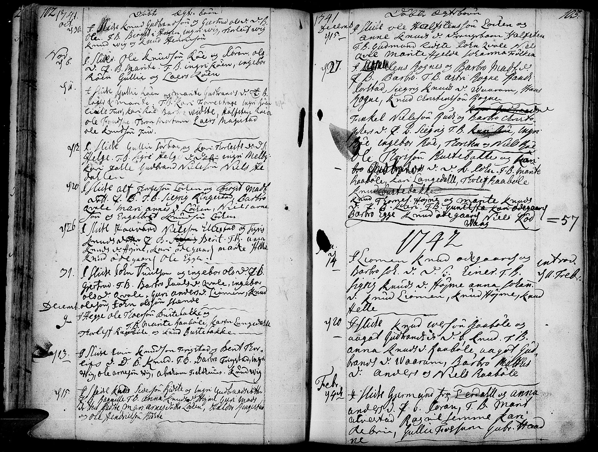 Slidre prestekontor, AV/SAH-PREST-134/H/Ha/Haa/L0001: Parish register (official) no. 1, 1724-1814, p. 102-103
