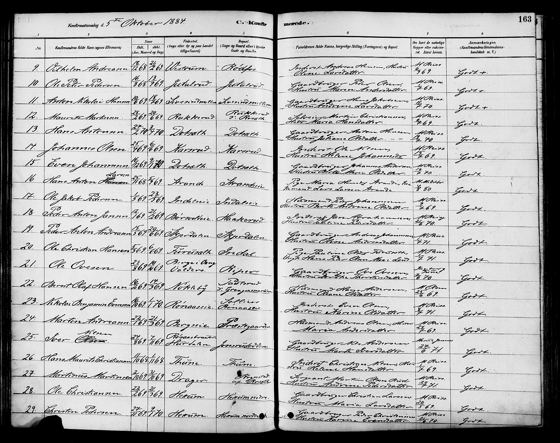 Vestre Toten prestekontor, AV/SAH-PREST-108/H/Ha/Haa/L0009: Parish register (official) no. 9, 1878-1894, p. 163