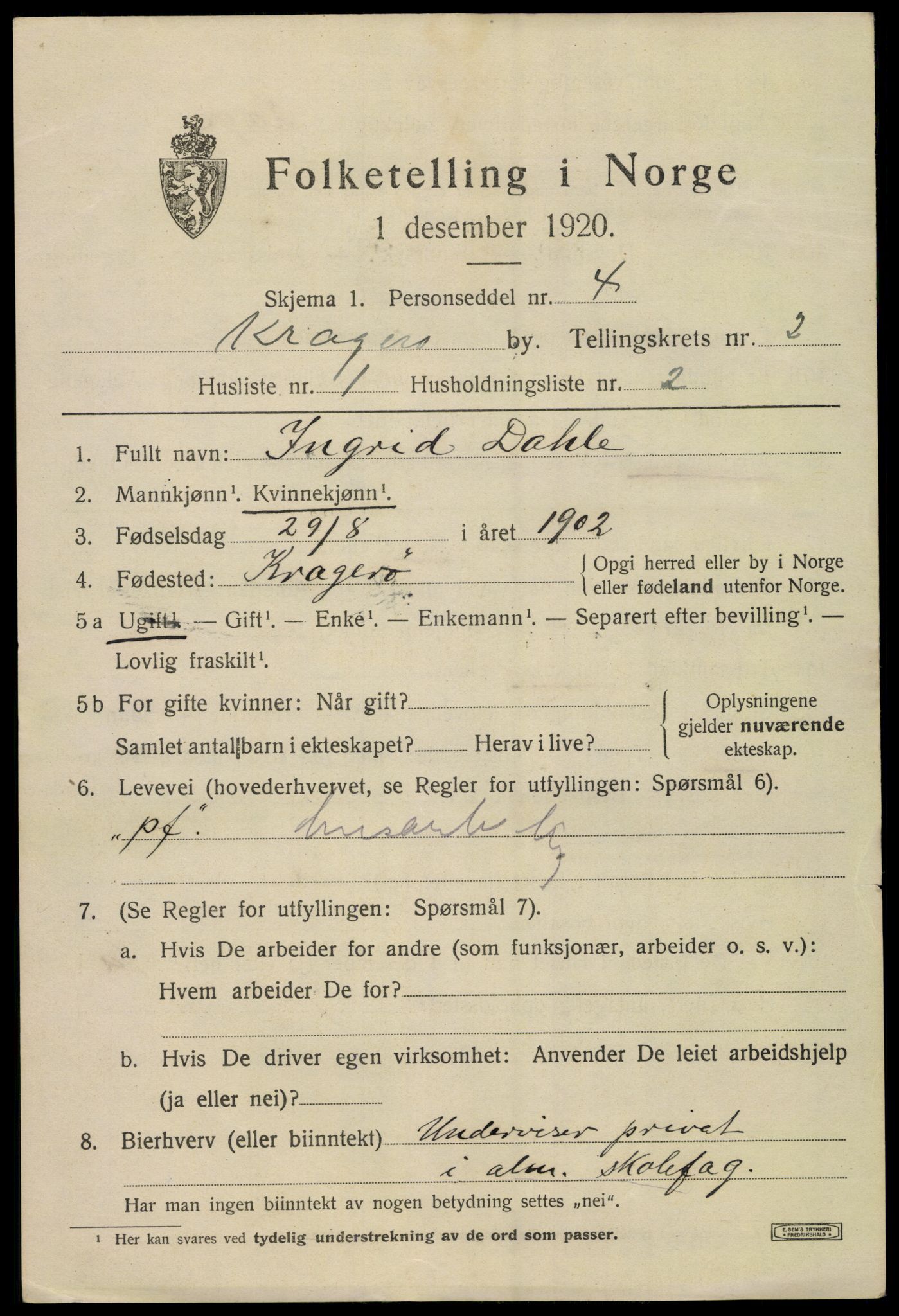 SAKO, 1920 census for Kragerø, 1920, p. 5365