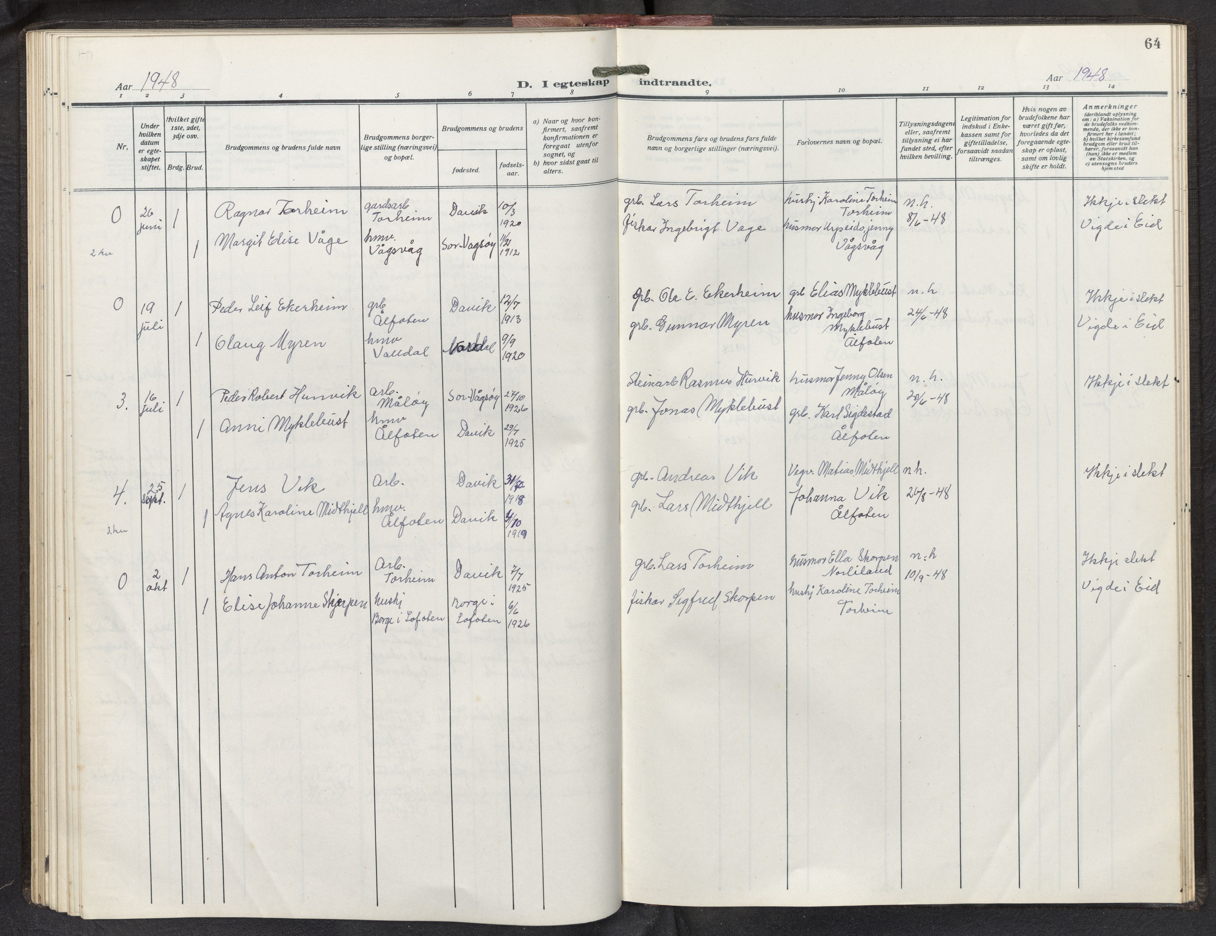 Davik sokneprestembete, AV/SAB-A-79701/H/Hab/Habd/L0003: Parish register (copy) no. D 3, 1917-1953, p. 63b-64a